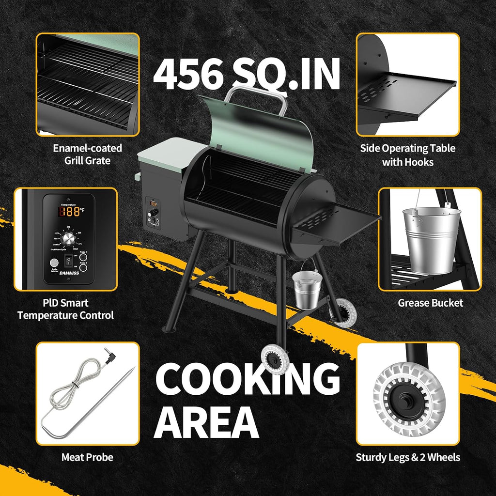 DAMNISS Pellet Smoker Grill Combo, 456 SQ.IN Cooking Area with PID Temperature Control (180-450°F) Electric BBQ Meat Grills & Smokers, Patio Backyard for Roast Outdoor