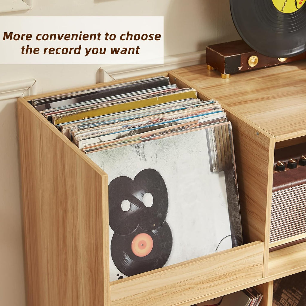 LELELINKY Natural Wood 48''Record Player Stand with Storage and Display Area, Turntable Stand Vinyl Record Holder Player Table Holds Up to 450 Albums, Record Stand for Music Room Living Room
