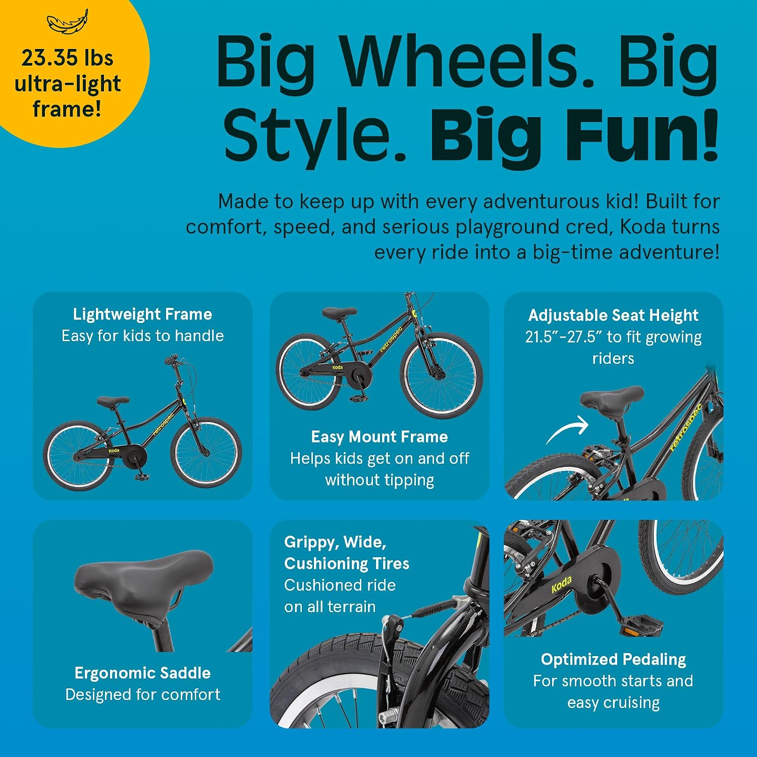 Retrospec Koda Plus Kids Bike for Boys & Girls Ages 6-8 Years - Children's Bicycle, Adjustable Seat & Handlebars