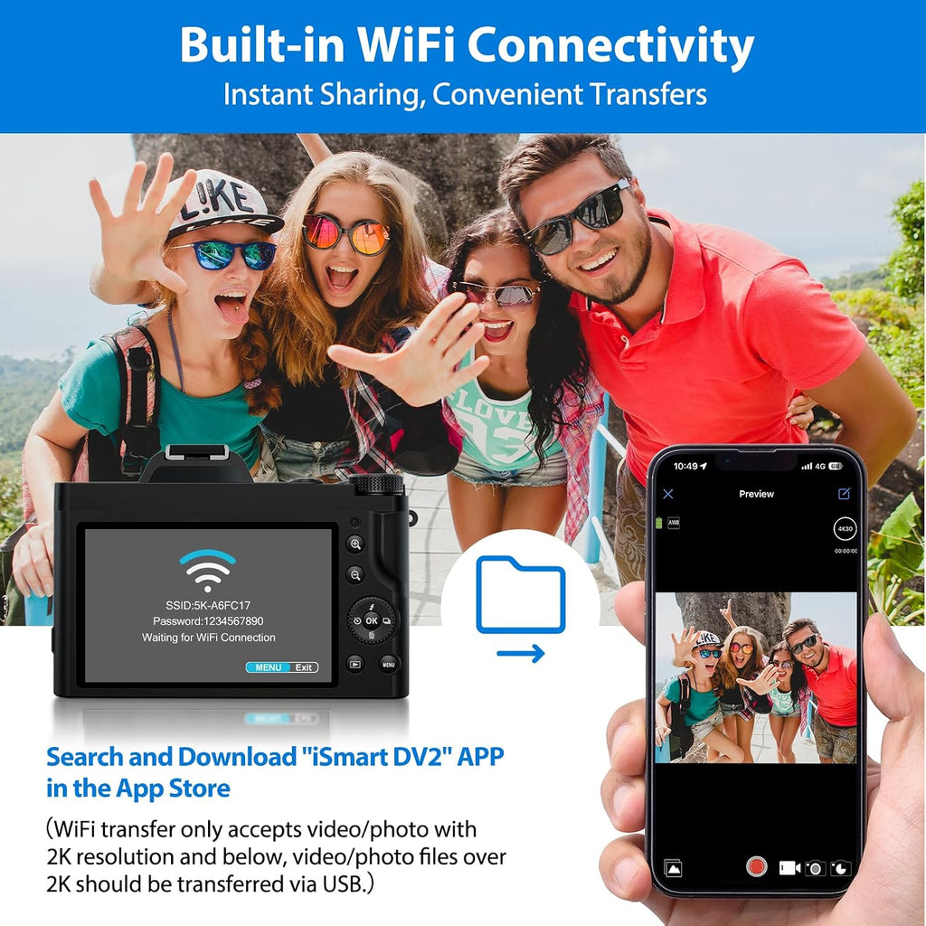 5K Digital Camera WiFi Autofocus Vlogging Camera for YouTube 48MP Camera for Photography and Video, 3.5' Screen Travel Cameras with UV Filter, Anti-Shake,16X Digital Zoom,32GB SD Card,2 Batteries