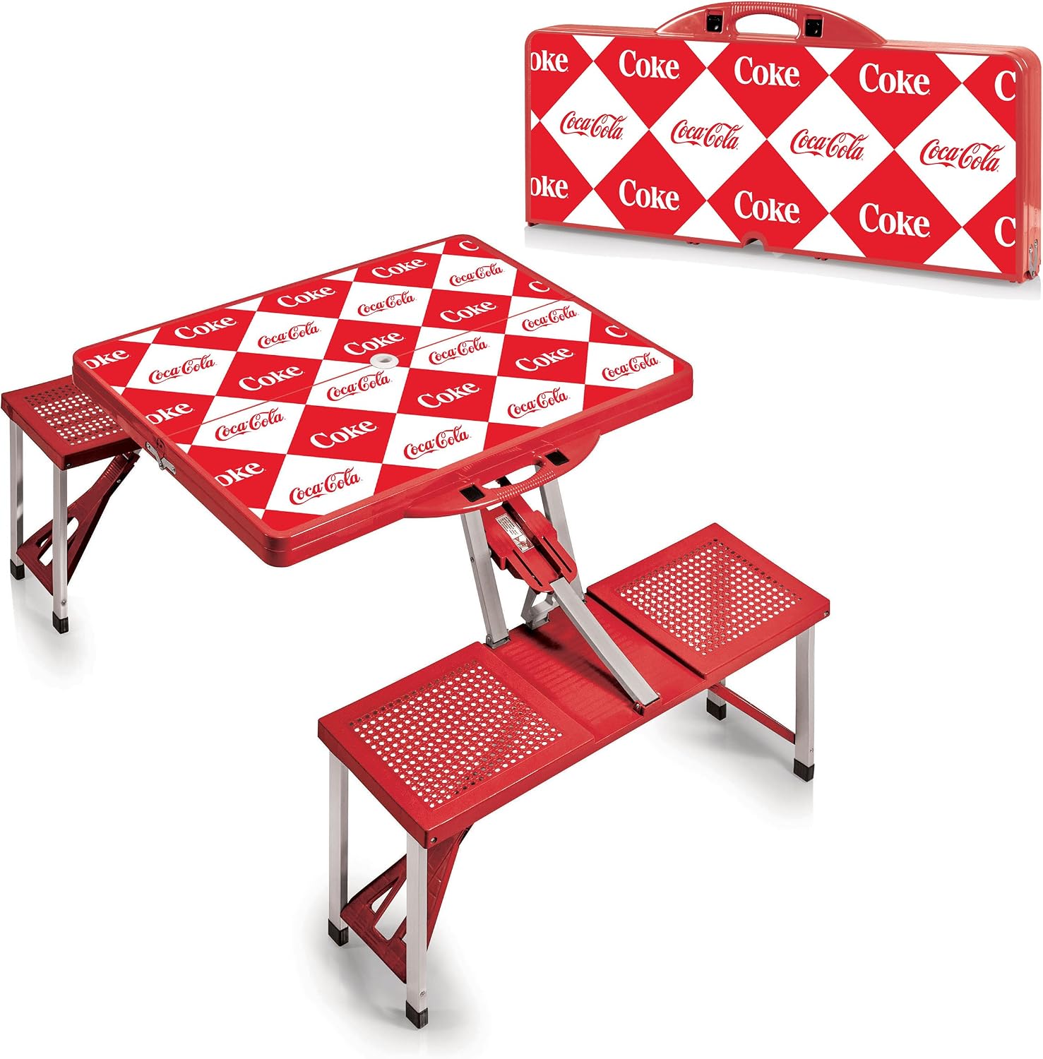 Picnic TIME Coca-Cola Folding Picnic Table with Seats, Collapsible Aluminum Table and Bench Set with Umbrella Hole, Lightweight Portable Table for Camping, Travel, Tailgating, Backyard (Red)