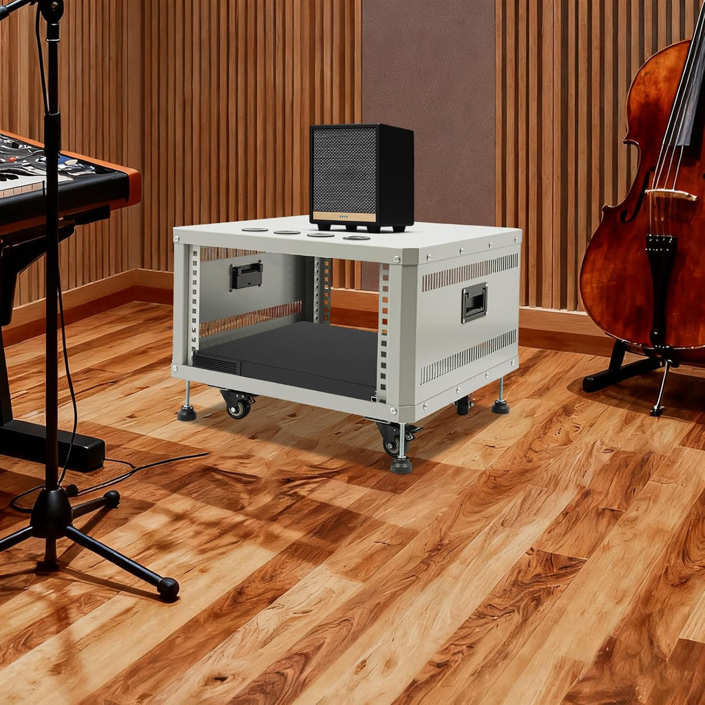 6U AV Rack with Wheels, Metal Studio Cabinet with Cable Ports, 22.4' x 19.8' x 15.1', Portable Home Studio Racks, Floor Standing Server Cabinet for Amplifiers, AV Equipment, Computers