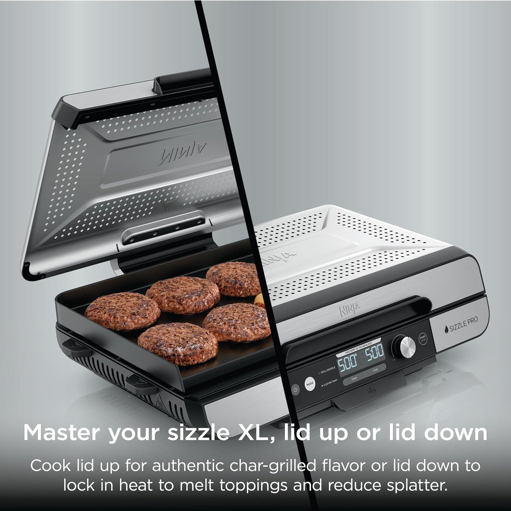 Ninja Sizzle Pro XL 20-Inch Indoor Griddle + Grill, Detachable Ventilated Lid, Grease Control, Ceramic Nonstick Plates, Even Edge Cooking, Extra Large Capacity, Versatile, Silver, GX101