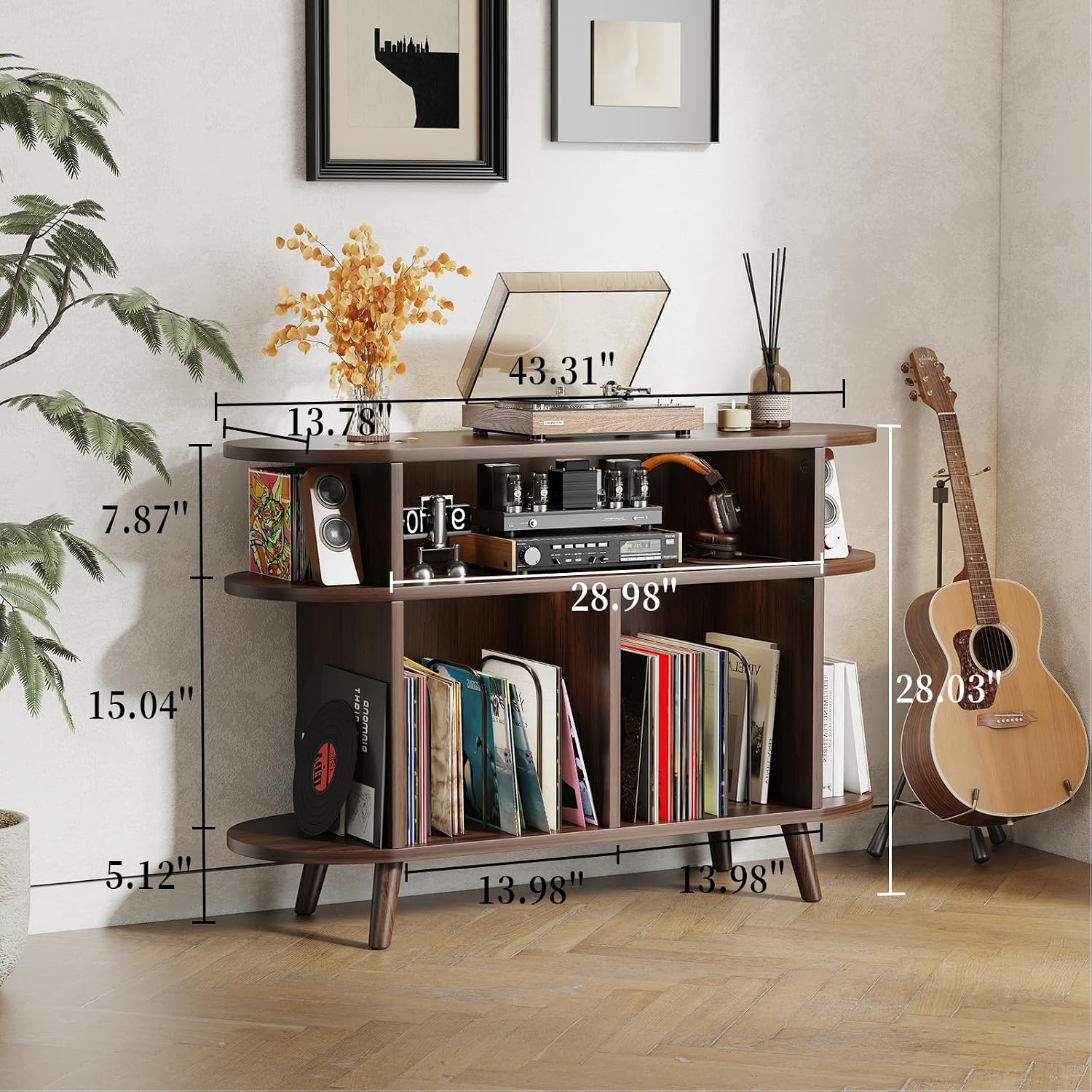 LIVEHOM Large Round Record Player Stand, Wood Record Storage Cabinet, Vinyl Record Holder with Display Area, Mid Century Modern Turntable for Living Room, Bedroom
