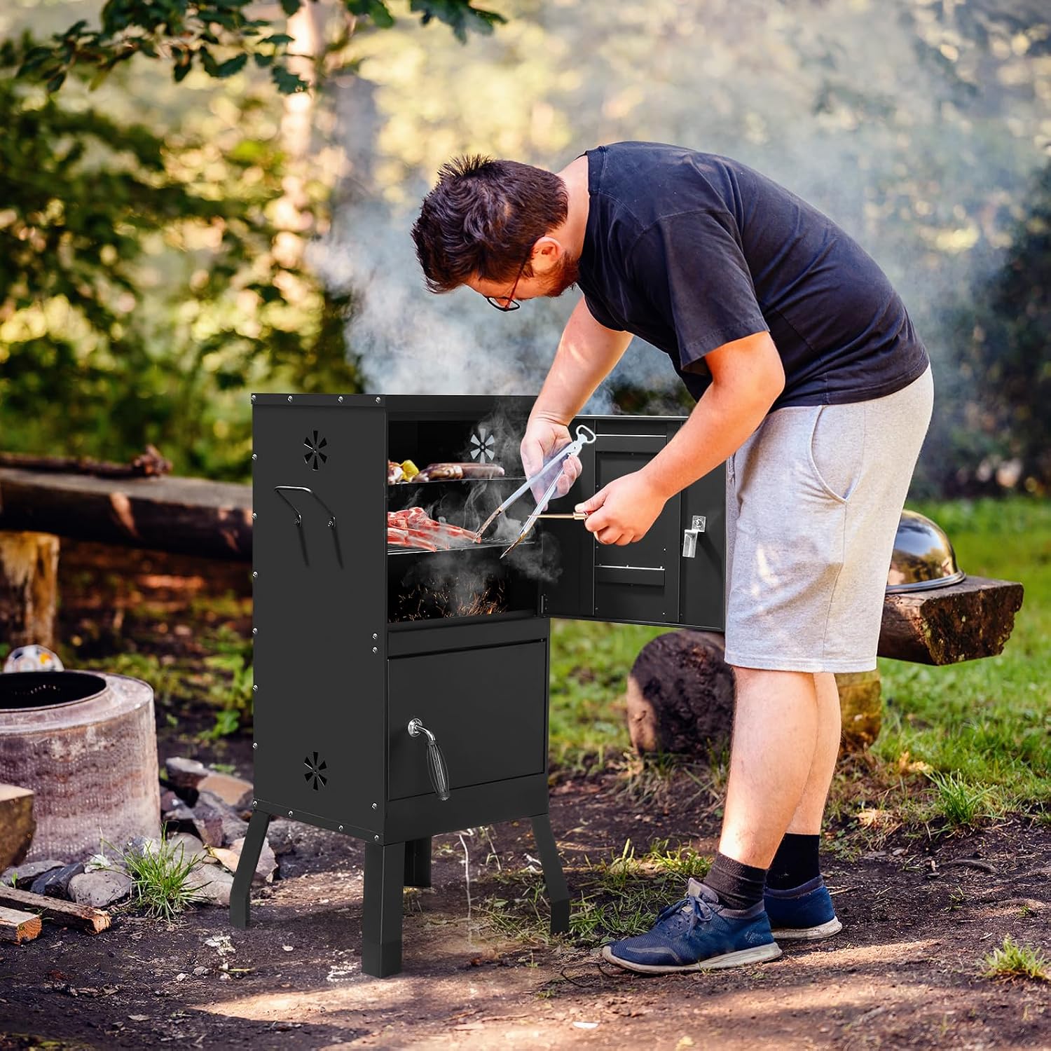 ROVSUN 2-in-1 Outdoor Smoker with Double Doors, Vertical Portable Charcoal Grill with Two Detachable Grill Smoking Racks and Charcoal Pan, Perfect for Camping Barbecue, Black