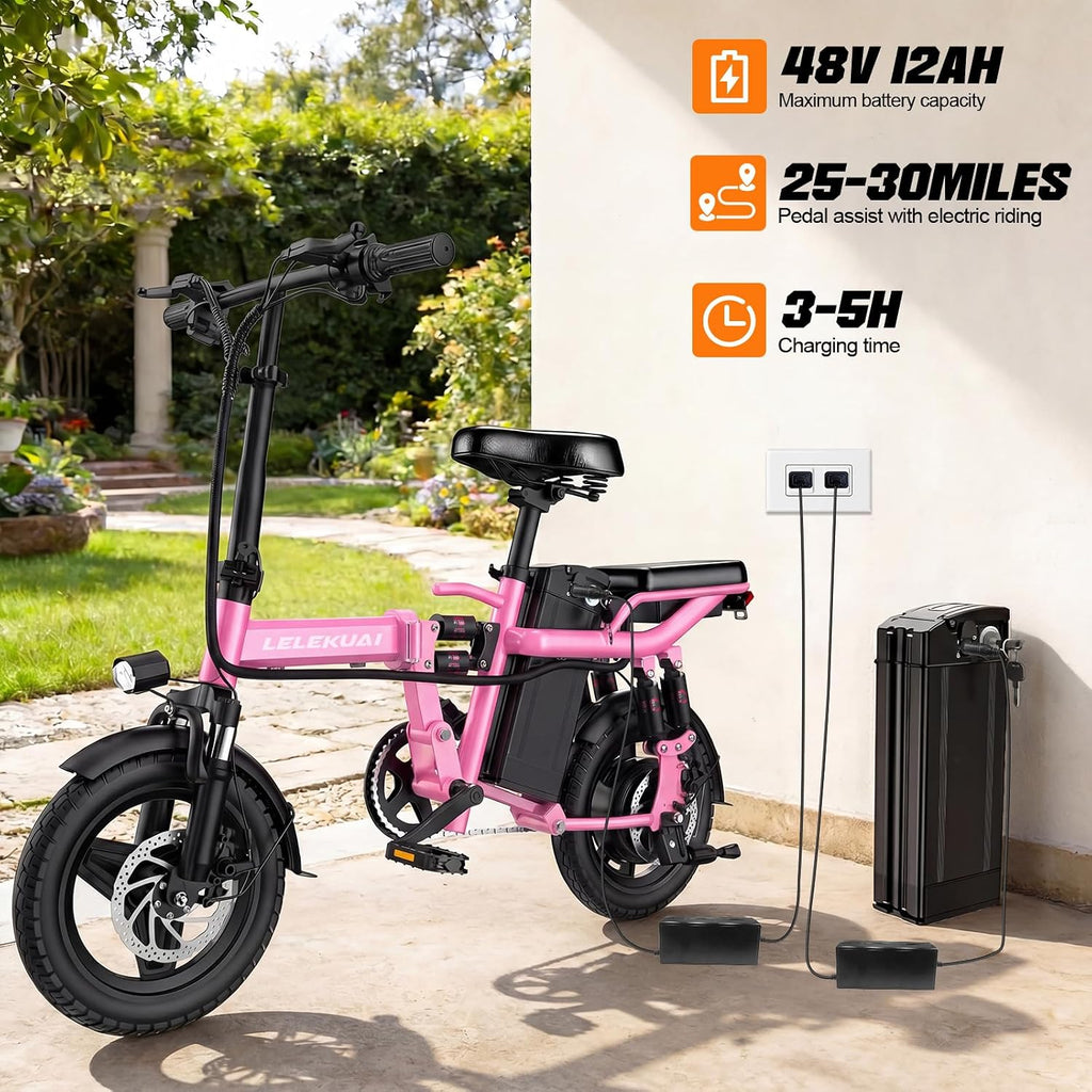 LELEKUAI Electric Bike for Adults and Teens, 520W-560W Motor, 20-24MPH, 32 Miles Range, 48V 10Ah Battery, 3-Level Pedal Assist, 14' Foldable Mini Electric Bicycle, UL 2849 Certified