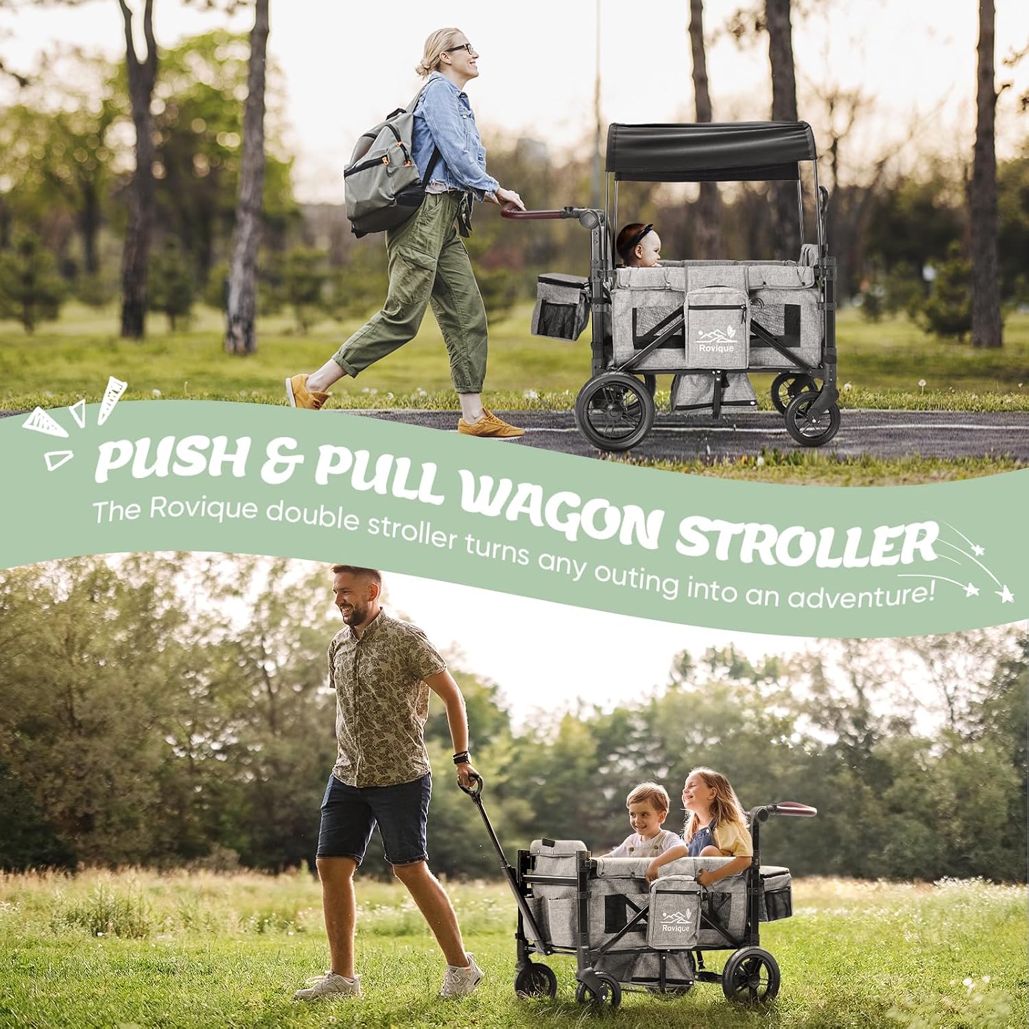 Rovique Wagon Stroller for 2 Kids,Premium Wagon for Kids with Removable Canopy, Snack Tray, Convertible Baby Bassinet, 5-Point Safety Harness, All-Terrain PU Wheels & Adjustable Push/Pull Handle,Grey