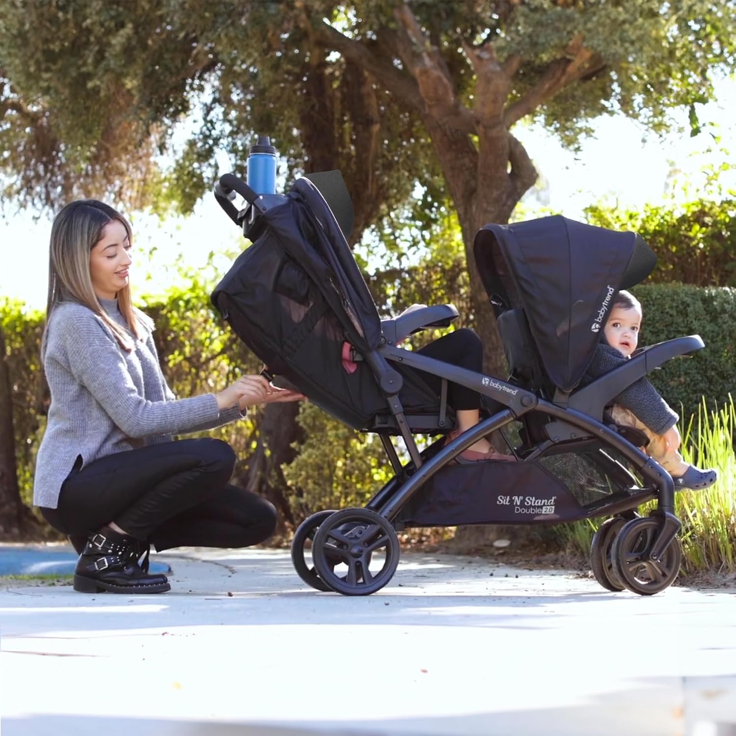 Baby Trend Double Stroller with Canopy Visors, Storage Basket and 2 Cup Holders, Sit N' Stand 2.0 DLX, Stormy – Foldable Infant and Toddler Tandem Stroller and Travel System