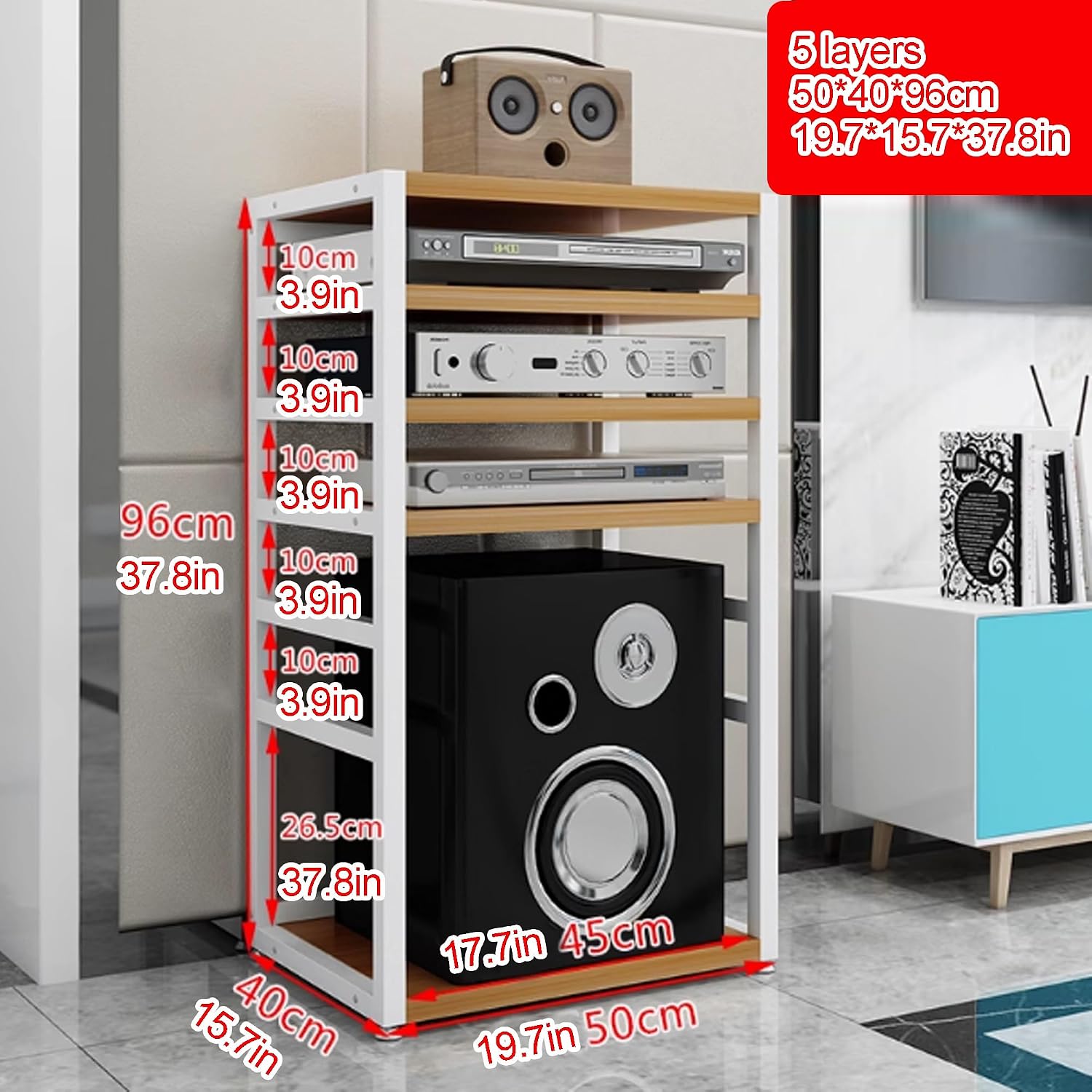 5-Tier AV Media Stereo Stand - Audio Video Rack with Open Storage Shelves for Living Room, Gaming & Recording (Red Walnut, 19.7'x15.7'x37.8') - Stylish Component Cabinet