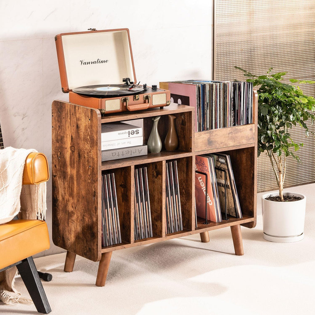 Record Player Stand, Large Record Player Table Cabinet with Open Vinyl Storage and Display Shelf Holds up to 250 Albums, Mid Century Wood Turntable for Living Room, Bedroom (Brown)