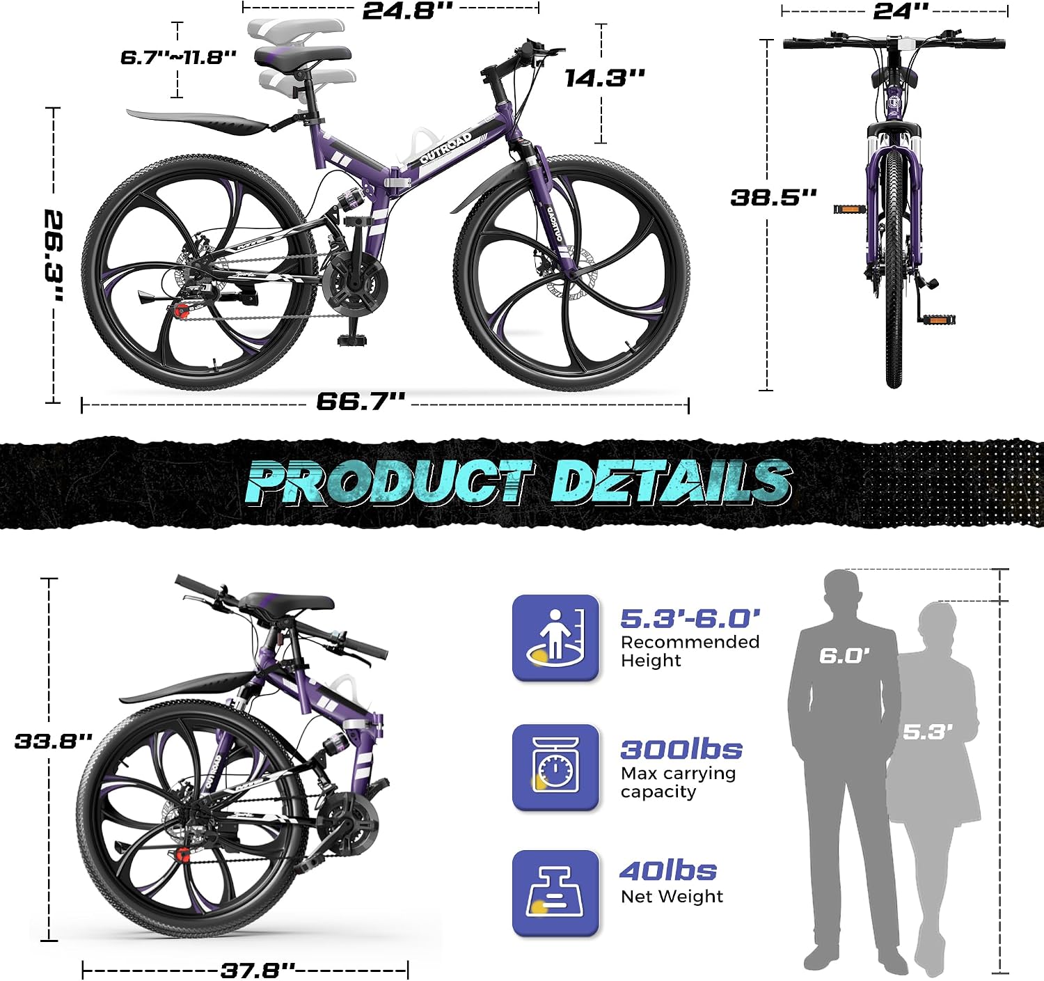 Outroad 26 Inch Folding Mountain Bike, 21 Speed Full Suspension High-Carbon Steel MTB Foldable Bicycle, Dual Disc Brake Non-Slip Folding Bikes for Adults/Men/Women, Black, Orange and Green