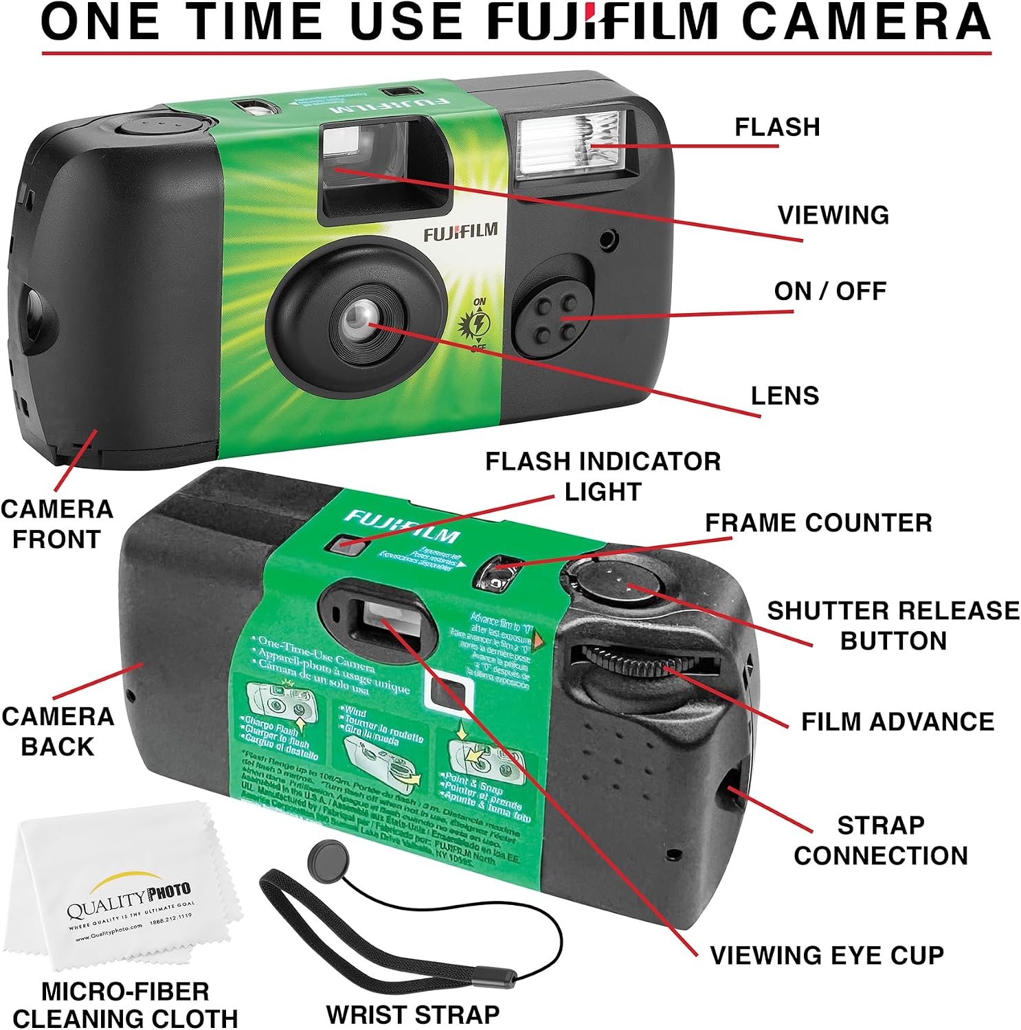 Fujifilm QuickSnap Flash 400 Disposable 35mm Camera + Hand Strap + Quality Photo Microfiber Cloth (10 Pack)