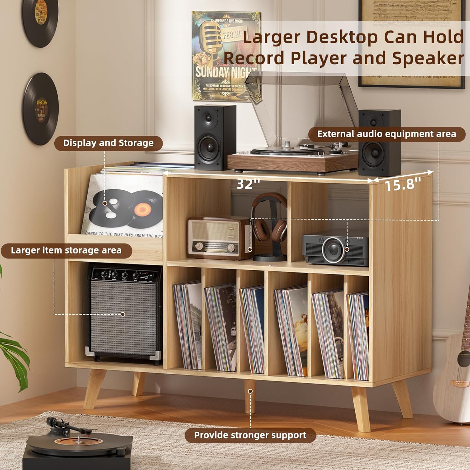 LELELINKY Natural Wood 48''Record Player Stand with Storage and Display Area, Turntable Stand Vinyl Record Holder Player Table Holds Up to 450 Albums, Record Stand for Music Room Living Room