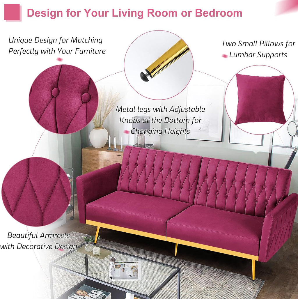 70' Velvet Futon Sofa Bed with 2 Pillows and Adjustable Armrests, Convertible Sleeper Bed W/Adjustable Backrests, Modern Loveseat for Living Room, Bedroom, Fuchsia