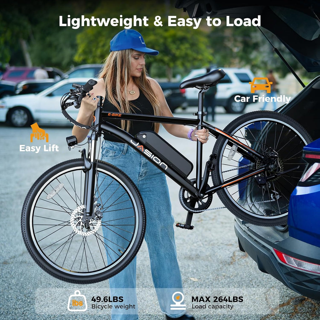 Jasion EB5 Electric Bike for Adults with Peak 1000W Brushless Motor, 40Miles 20MPH Commuting Electric Mountain Bike with 500Wh Removable Battery, 7-Speed, 26' Tires and Front Fork Suspension