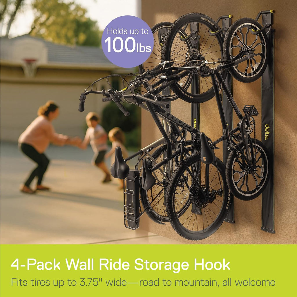 Delta Wall Ride Bike Rack Wall Mount with Tire Wall Guard (4-Pack) Cycle – Vertical Bike Mount Holds Up to 100 lbs – Fully Adjustable Vertical Hook Design Provides Easy Bicycle Storage