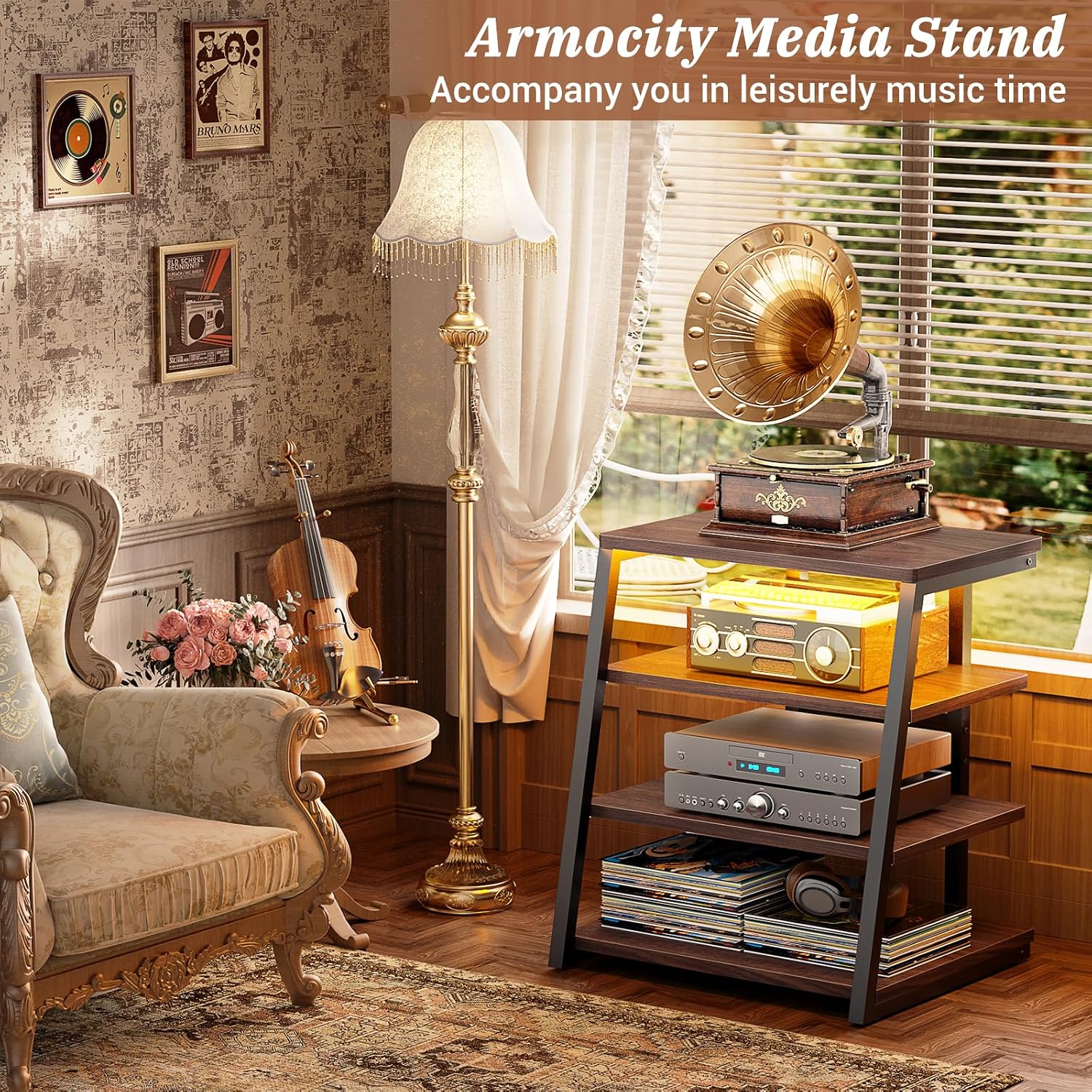 Armocity 4-Tier AV Media Stand with Power Strips, Corner TV Stand with LED Lights, Rack Audio Tower with Adjustable Shelves, Corner Entertainment Center, 30'', Black Walnut