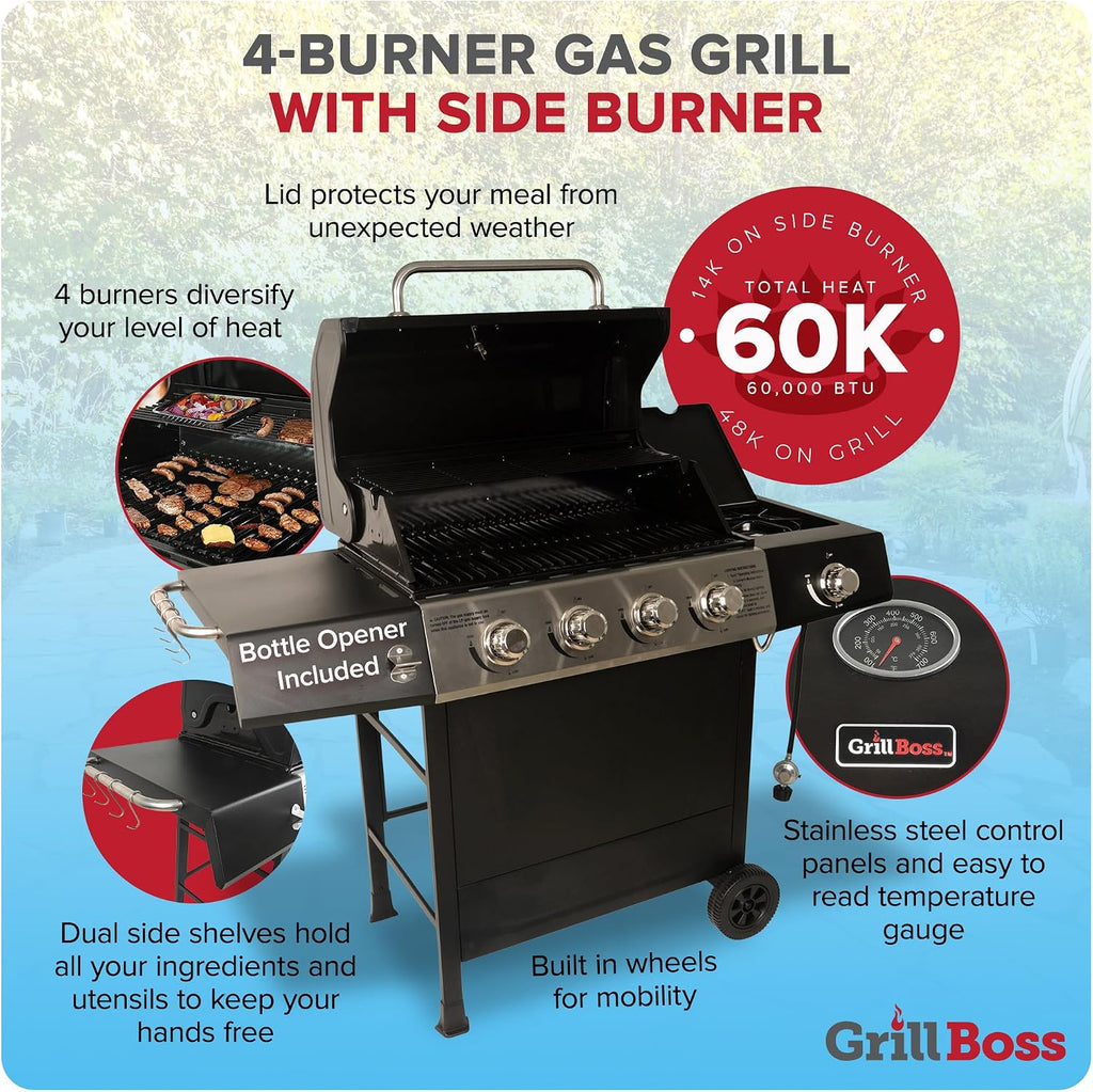 Grill Boss 4 Burner Propane Gas BBQ, Portable w/ Lid, Wheels & Side Shelves, Black - Grilling Accessories and Equipment for Camping, Tailgating, Outdoor Barbecue and Cooking