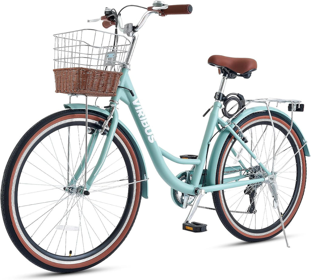 VIRIBUS Womens Cruiser Bike, 7 Speed Beach Cruiser Bike for Women, 26 inch Women Bicycle with Rattan Basket, City Commuter Vintage Retro Step Through Bicycle for Female Ladies Seniors, 330 Lb.
