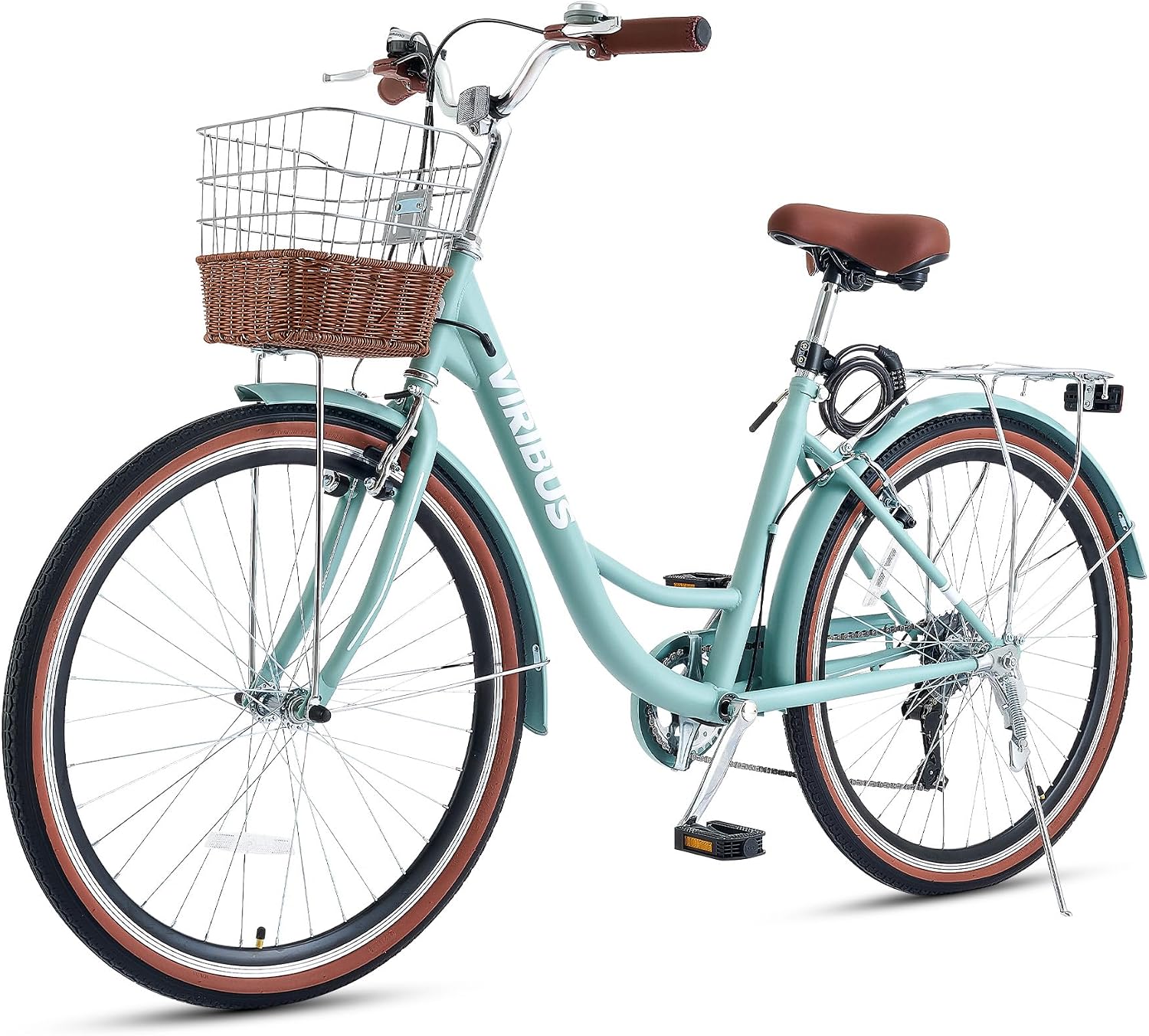 VIRIBUS Womens Cruiser Bike, 7 Speed Beach Cruiser Bike for Women, 26 inch Women Bicycle with Rattan Basket, City Commuter Vintage Retro Step Through Bicycle for Female Ladies Seniors, 330 Lb.