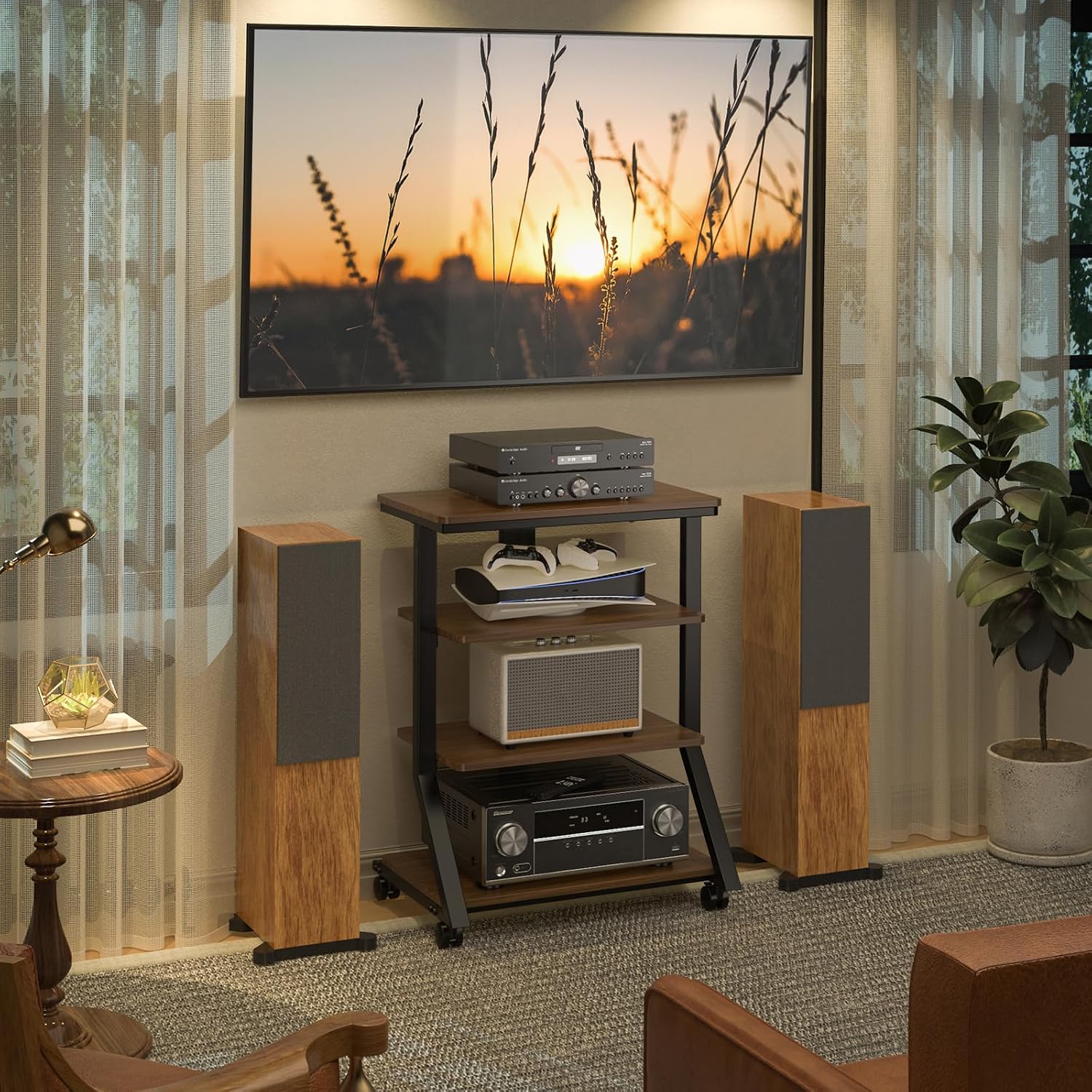 Rfiver 4-Tier AV Media Stand with Wheels, Mobile Rack Audio Tower with Height Adjustable Shelves, Wooden Stereo Racks and Stands, Stereo Stand for Record Player, TV Box, Corner Entertainment Center