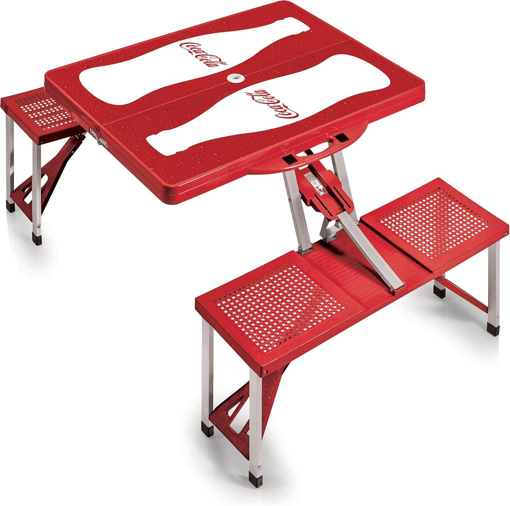 Picnic TIME Coca-Cola Folding Picnic Table with Seats, Collapsible Aluminum Table and Bench Set with Umbrella Hole, Lightweight Portable Table for Camping, Travel, Tailgating, Backyard (Red)