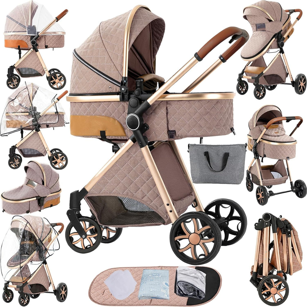 2 in 1 Baby Stroller Reversible Portable Standard Stroller Convertible Pushchair Infant Buggy Baby Carriage Foldable High Landscape Pram for Toddler Newborn (225 Khaki)