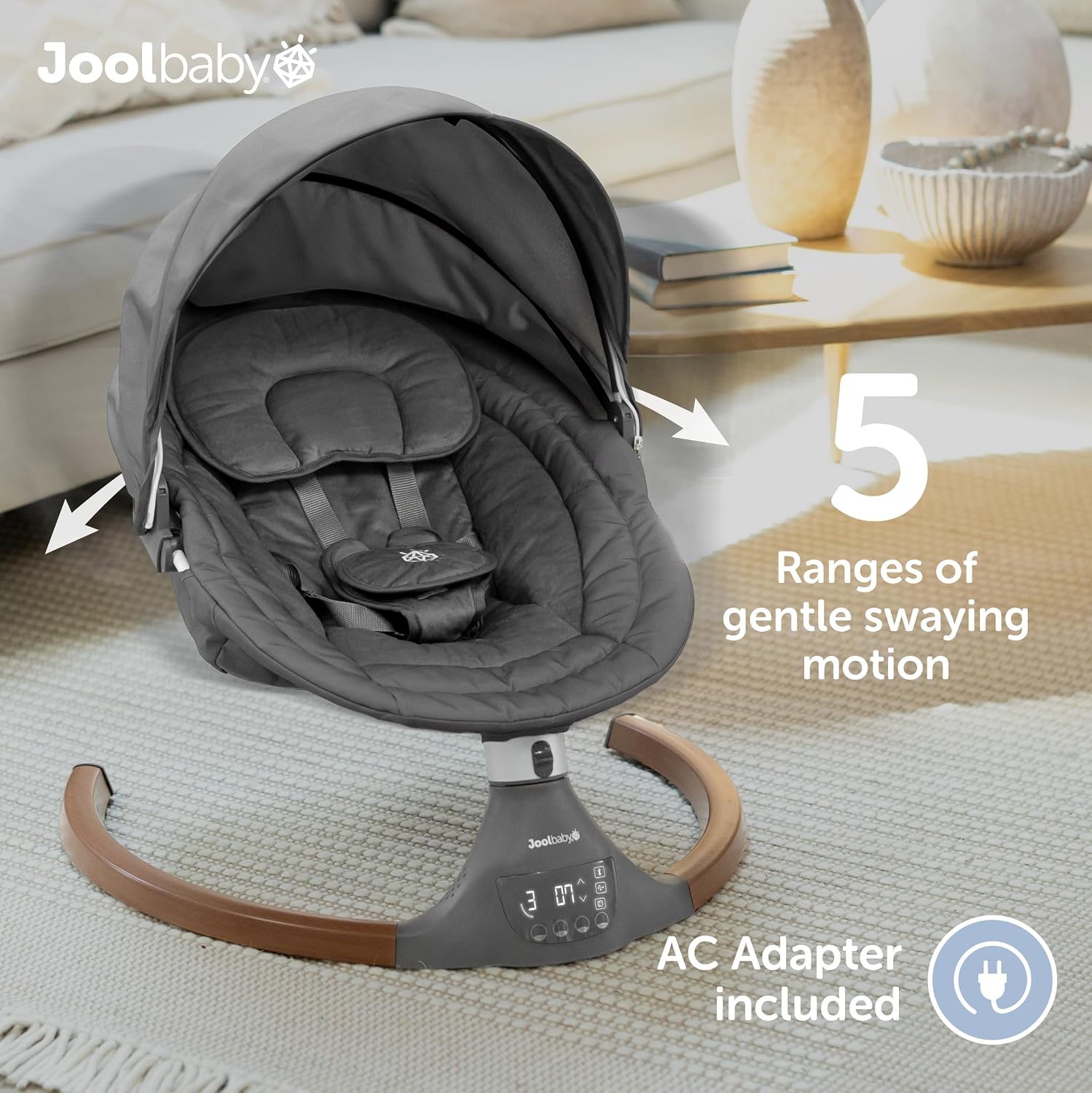 Jool Baby Nova Nature Baby Swing for Newborns with Natural Wood Toys, Electric Motorized Infant Swing, Bluetooth Music, Remote (Slate)