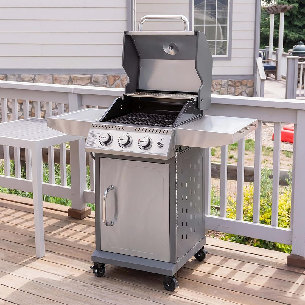 Royal Gourmet GG3001S 3 Burner Propane Gas Grill with Warming Rack, Stainless Steel Cabinet Style Gas Grill with 25,500 BTUs Output for Barbecue Grilling & Backyard Cooking, Silver