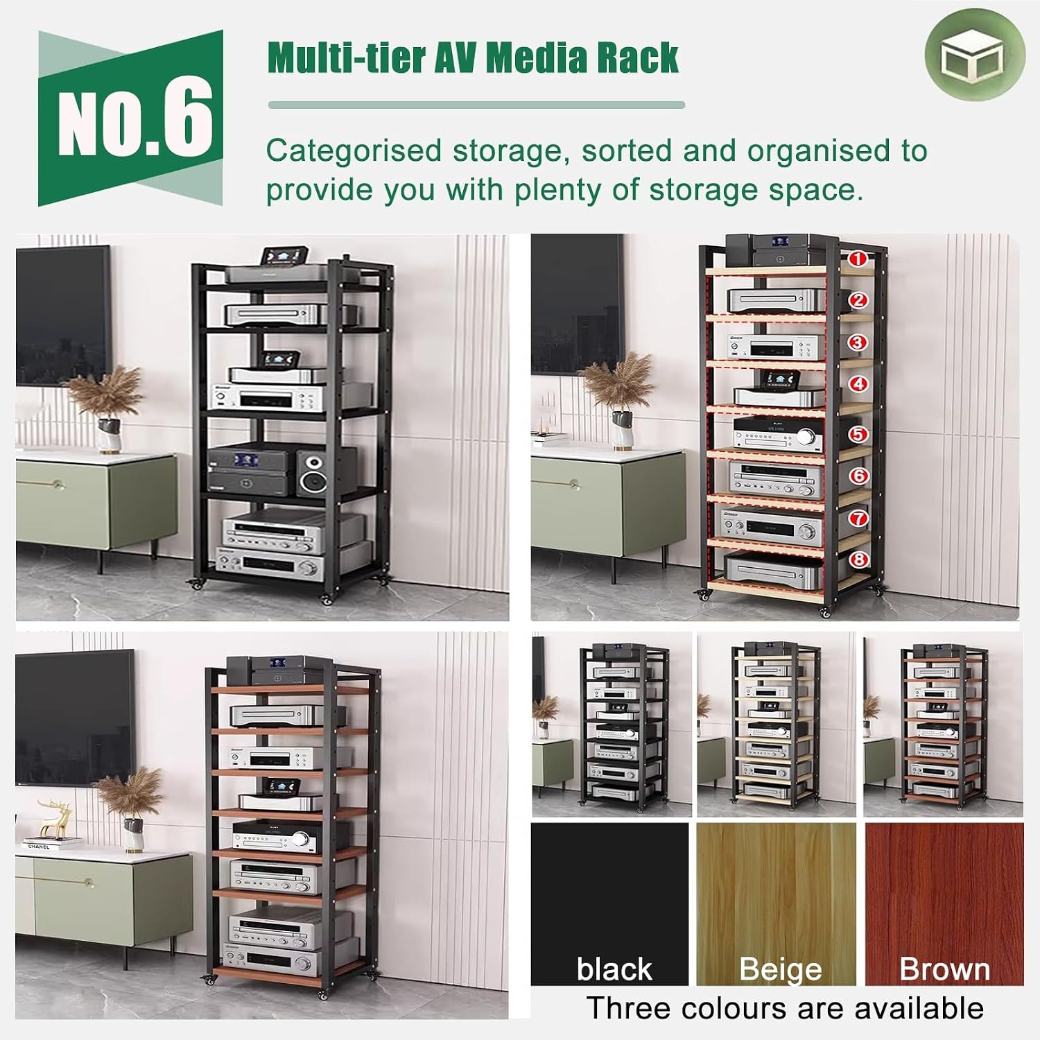 Movable Stereo Components Cabinet Rack with Adjustable Shelf - Av Media Shelf for Dvd Players/ Cd Changer/ TV Accessories/ Game Console - Audio Equipment Rolling Carts on Wheels(Brown,7 tier-60cm wide