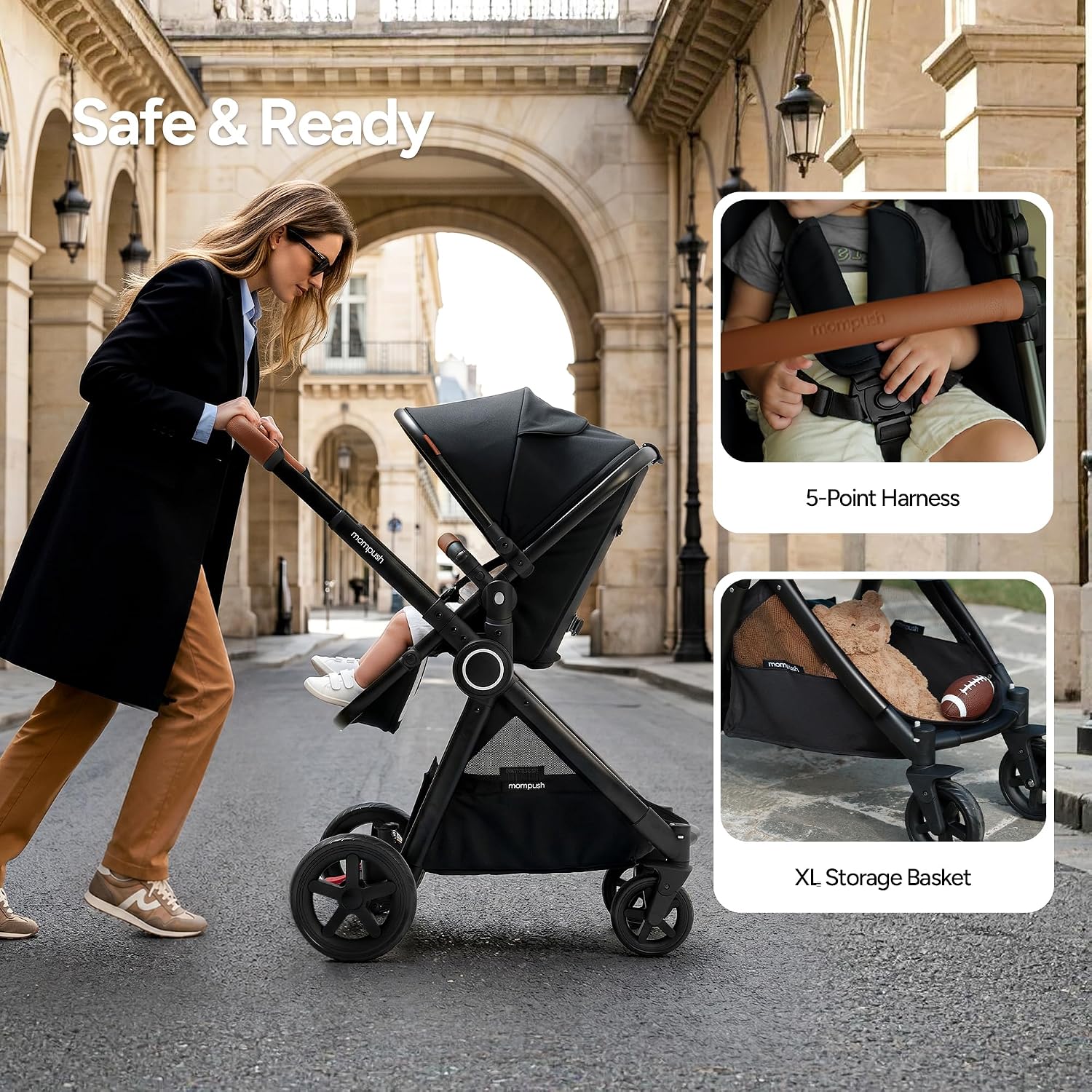 Mompush Ultimate2 Baby Stroller, Premium Convertible Full-Size Stroller for Toddler, Reversible Seat with One Hand Recline Adjustment, Car Seat Adapter Included