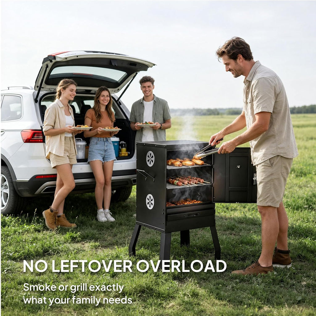 ROVSUN 2-in-1 Outdoor Smoker with Door, Vertical Portable Charcoal Grill with Two Detachable Grill Smoking Racks and Charcoal Pan, Perfect for Camping Barbecue, Small Families, Black