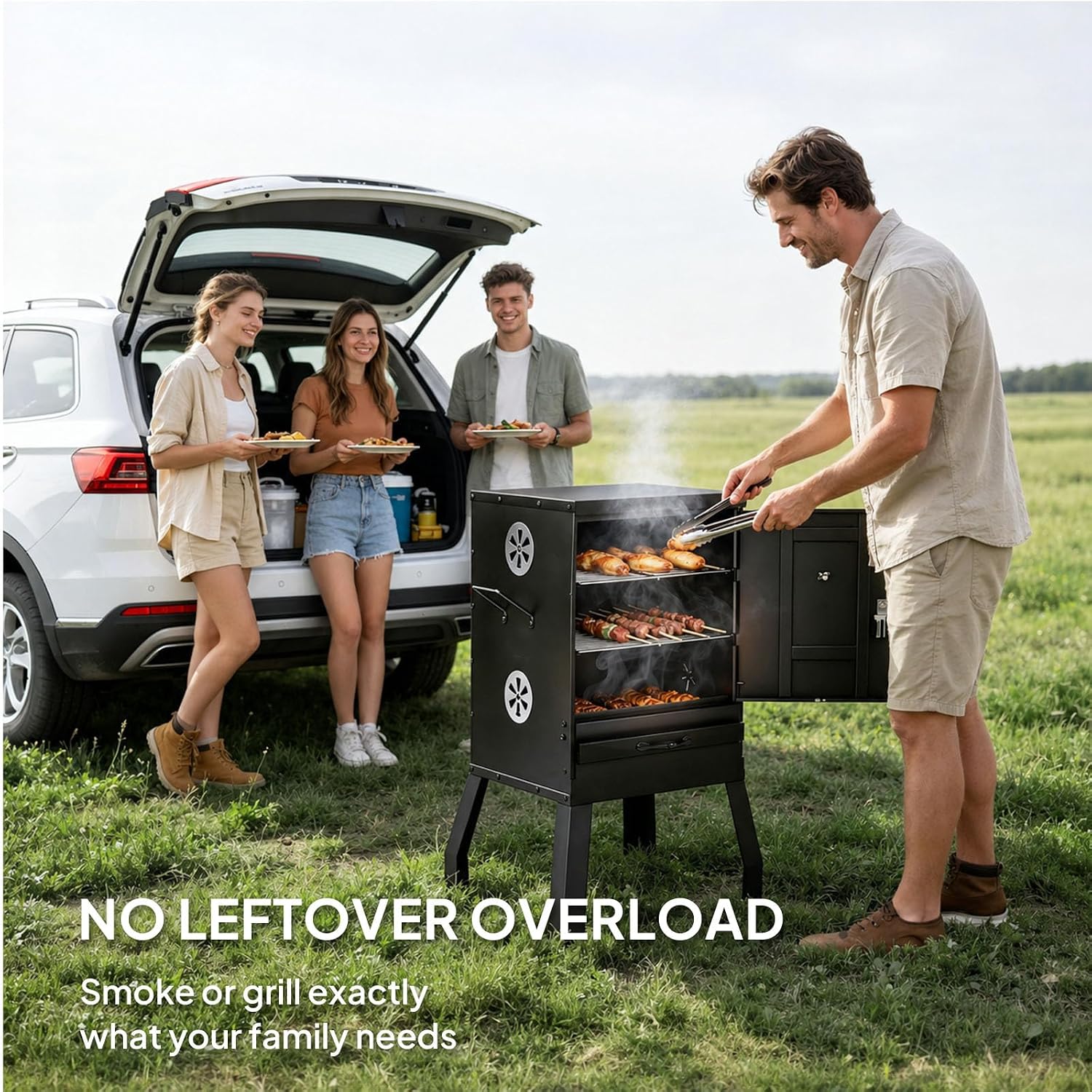 ROVSUN 2-in-1 Outdoor Smoker with Door, Vertical Portable Charcoal Grill with Two Detachable Grill Smoking Racks and Charcoal Pan, Perfect for Camping Barbecue, Small Families, Black