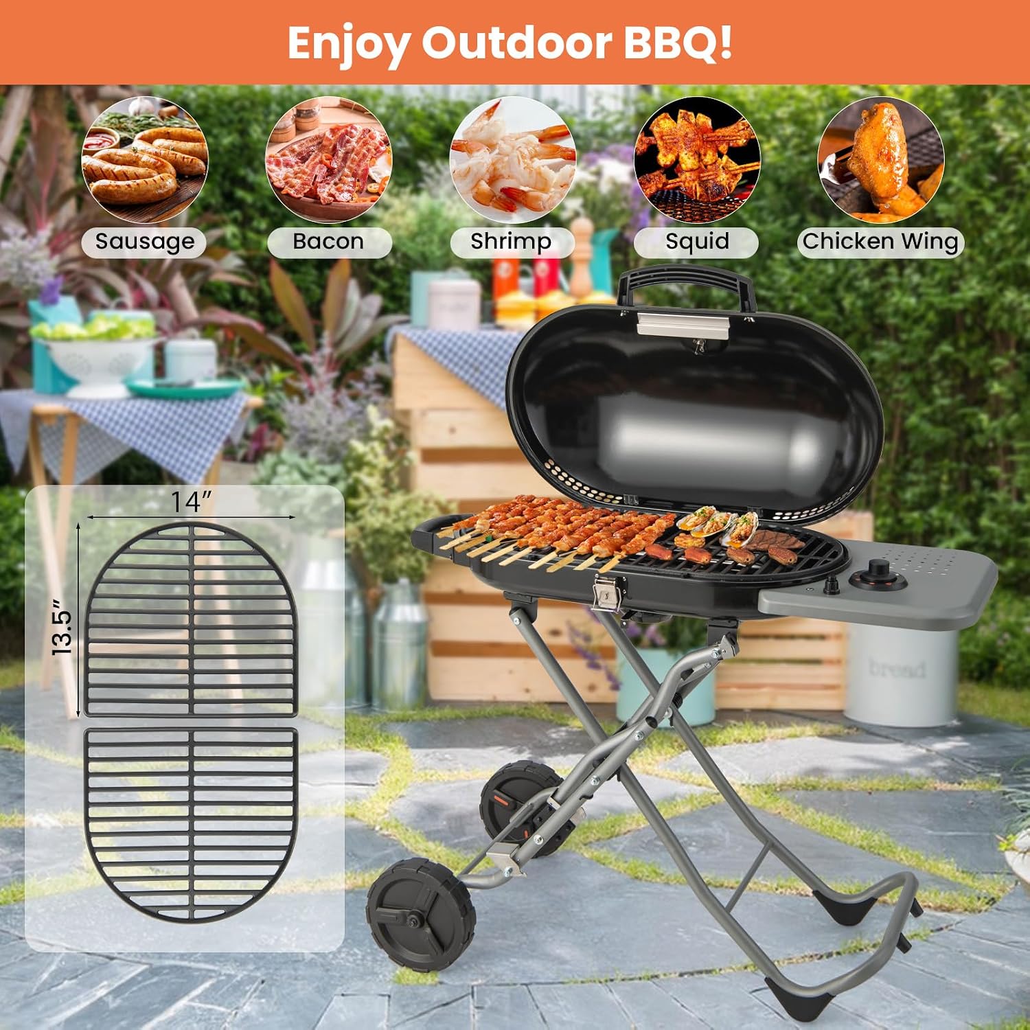 Giantex Portable Propane Gas Grill with 15,000 BTUs Burner, Side Table, 2 Wheels, Grease Tray, Metal Frame, Folding Stand-Up Propane Gas Grill for Outdoor Cooking Camping Barbecue (Black)