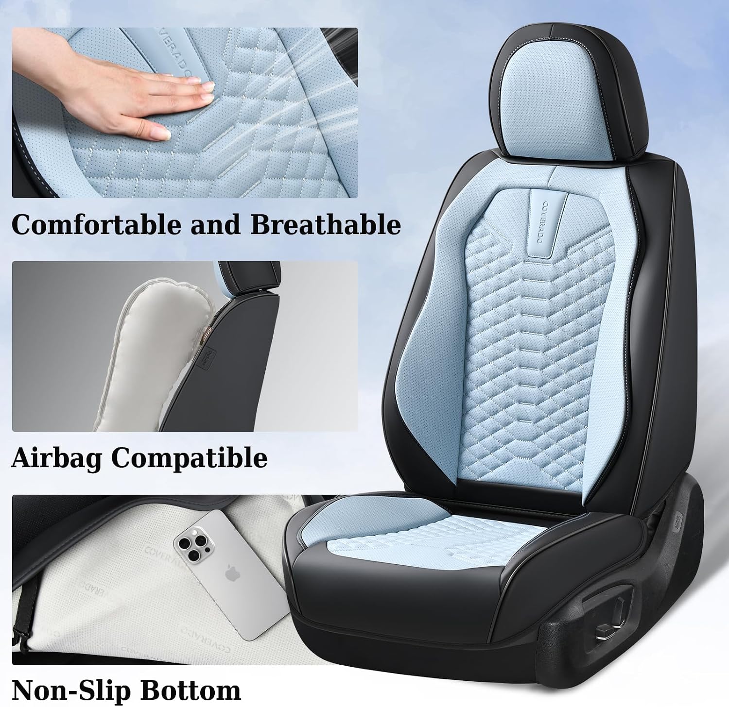 Coverado Leather Seat Covers, Car Seat Covers Full Set, Waterproof Nappa Leather Car Seat Cover, Car Seat Protectors 5 Seats, Black & Blue Automotive Seat Covers Fit for Most Cars Trucks