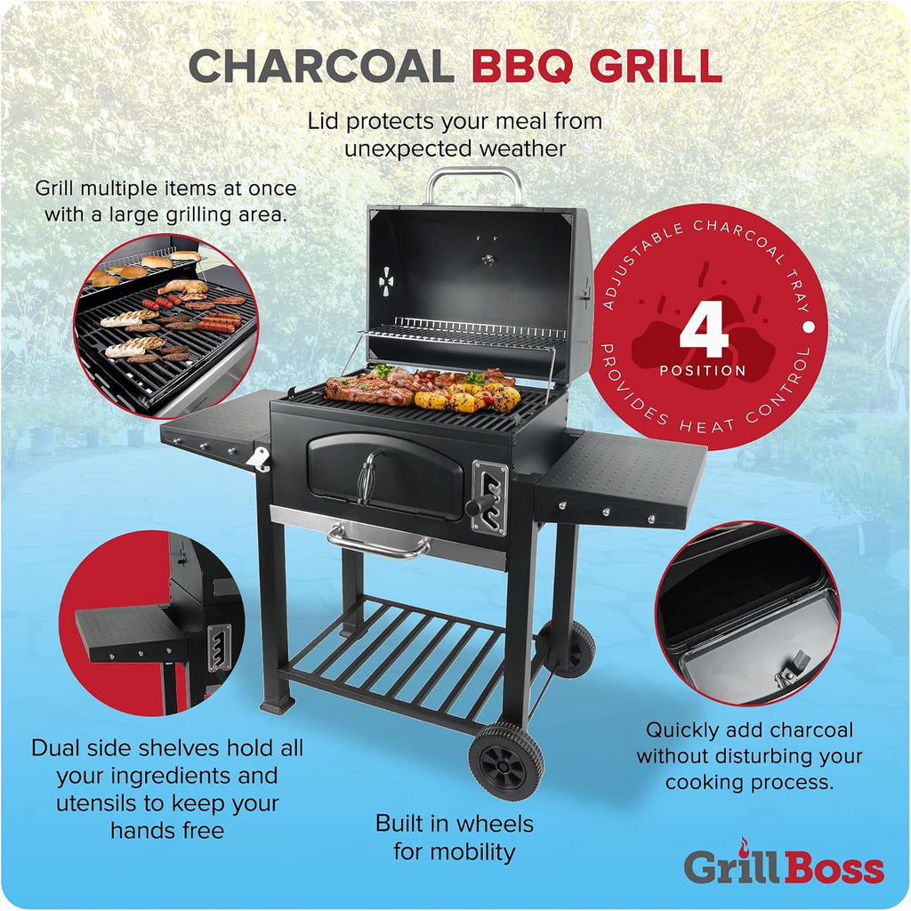 Grill Boss 24 Inch Charcoal BBQ Grill with Side Shelves, Built-In Thermometer, Black