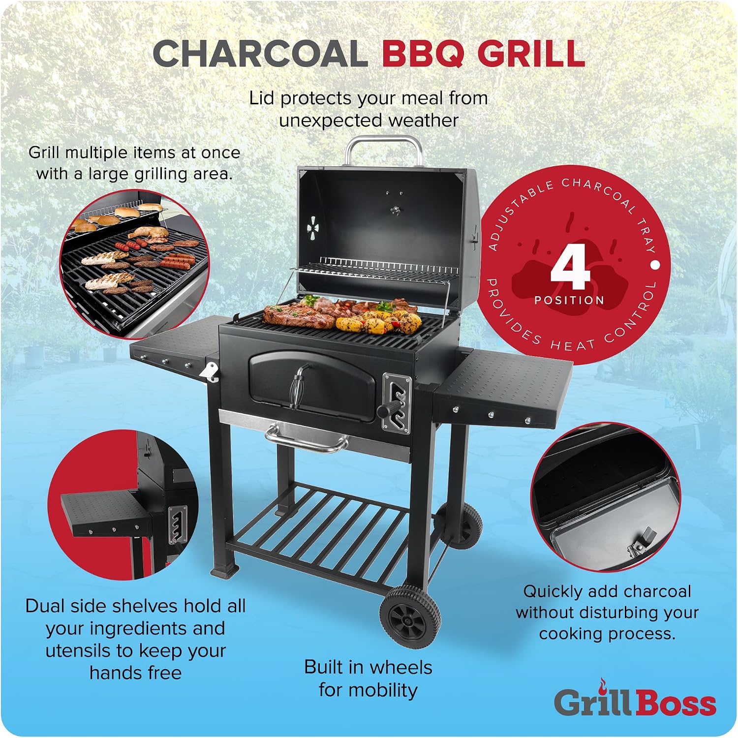 Grill Boss 24 Inch Charcoal BBQ Grill with Side Shelves, Built-In Thermometer, Black