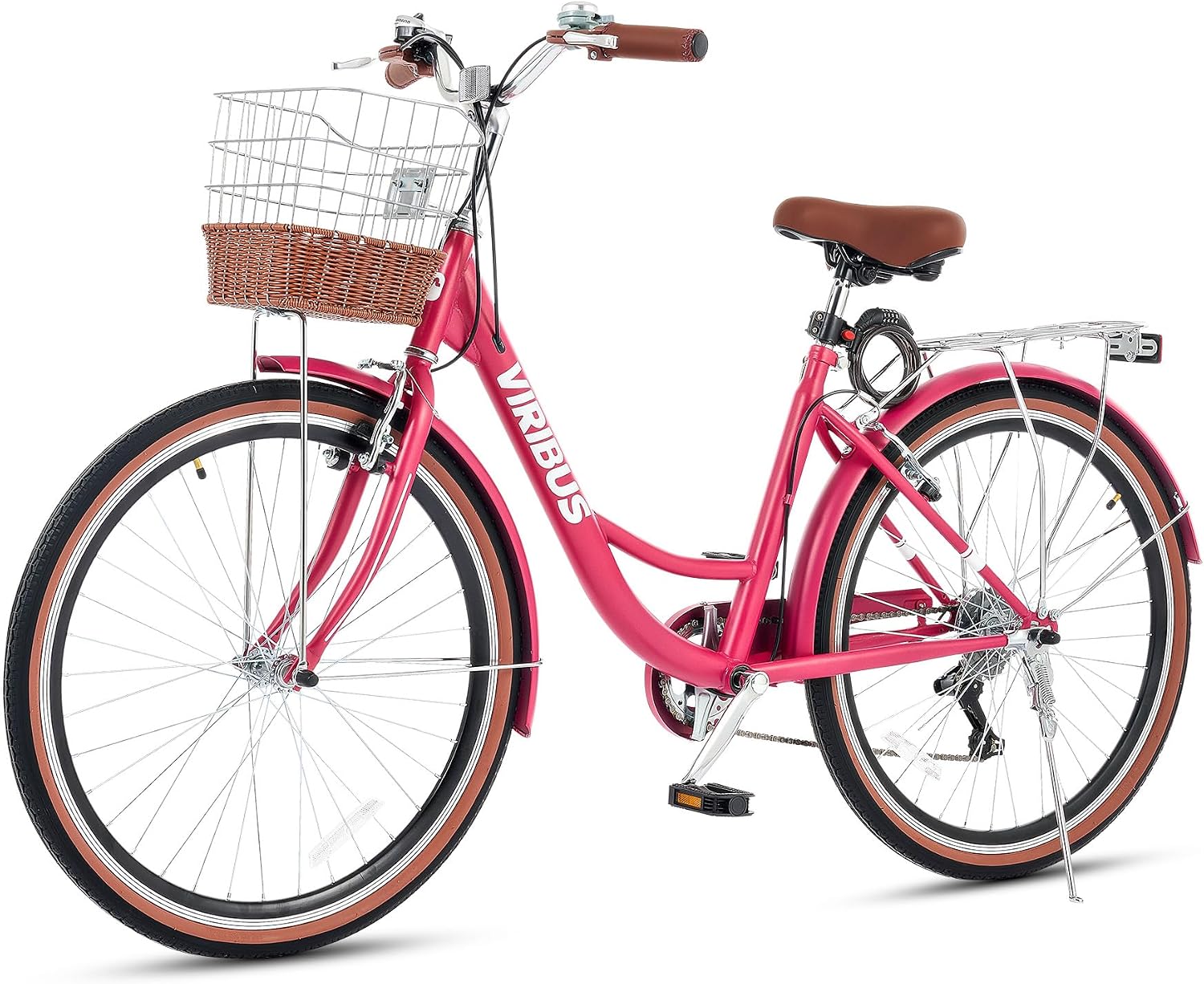 VIRIBUS Womens Cruiser Bike, 7 Speed Beach Cruiser Bike for Women, 26 inch Women Bicycle with Rattan Basket, City Commuter Vintage Retro Step Through Bicycle for Female Ladies Seniors, 330 Lb.