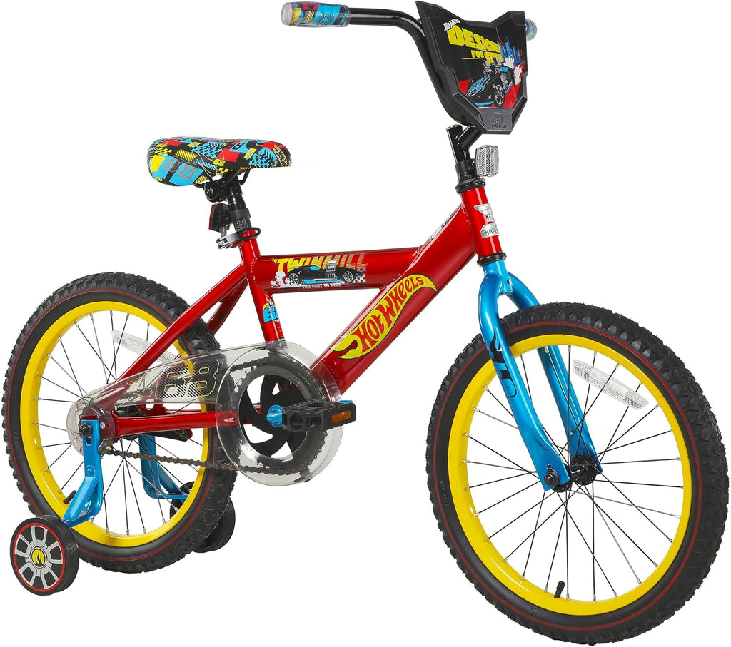 Dynacraft Hot Wheels Boys BMX Bikes Sizes 12' - 18' for Ages 3-9 Years in red, Black, with Handlebar rev Grip Play Feature