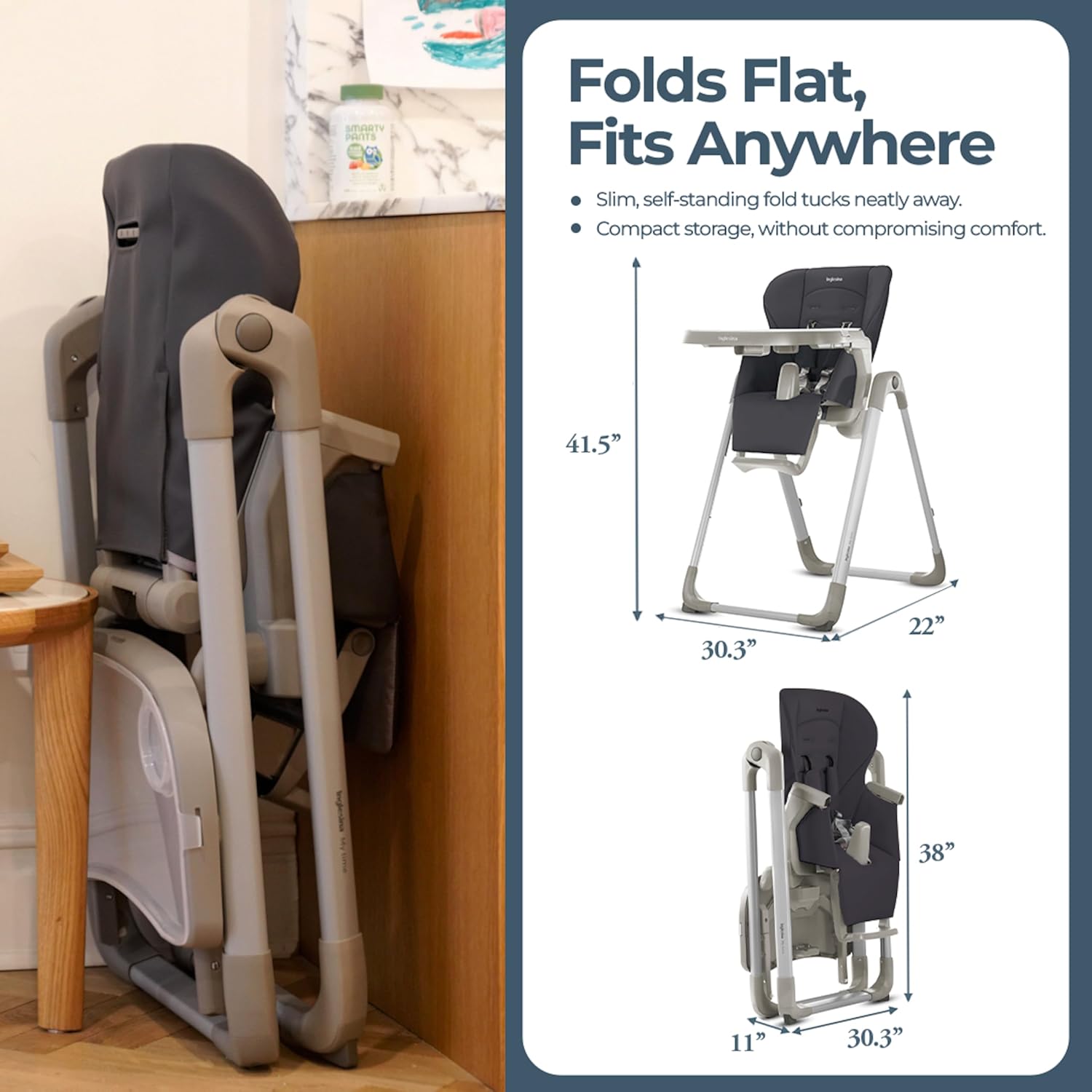 Inglesina My time Highchair, Pepper - Adjustable High Chair for Babies & Toddlers, 4 Height & 3 Recline Settings, Collapsible, Tool-Free Assembly, BPA Free, Removable Tray for Easy Cleaning