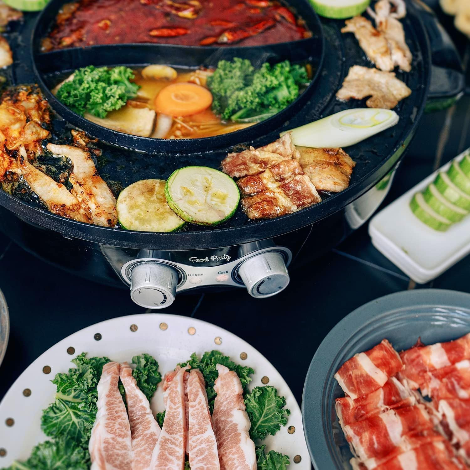 Food Party Hot Pot Electric Korean BBQ Grill 2 in 1 Hotpot Smokeless Indoor Grill Removable Cooking Plate Easy Cleaning 110V 1800W Shabu Shabu Pot with Divider