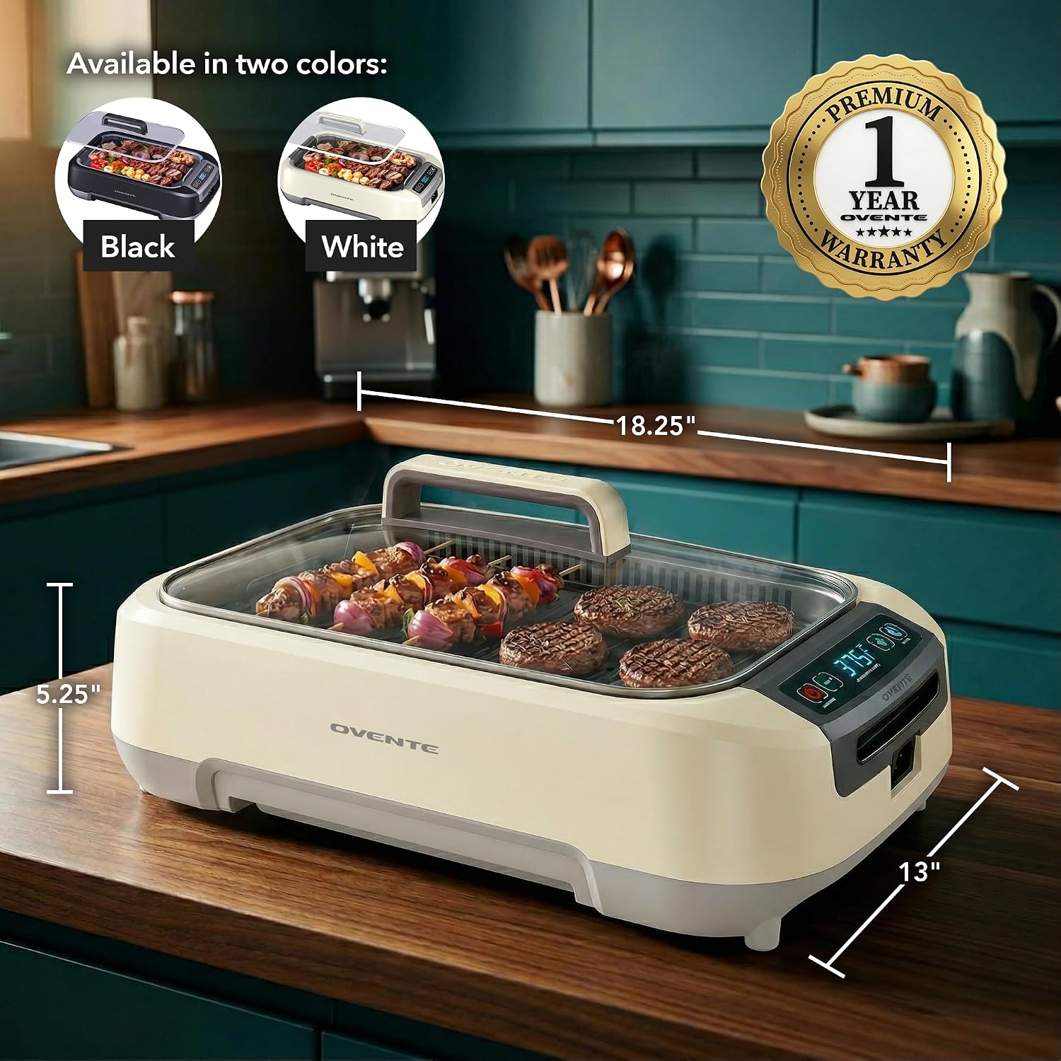 OVENTE Smokeless Indoor Grill, 1500W Electric Portable Korean BBQ Grill with One-Touch Control, LED Smart Display, Tempered Glass Lid, Two Removable Non-Stick and Dishwasher Safe Plates, White SGR85W