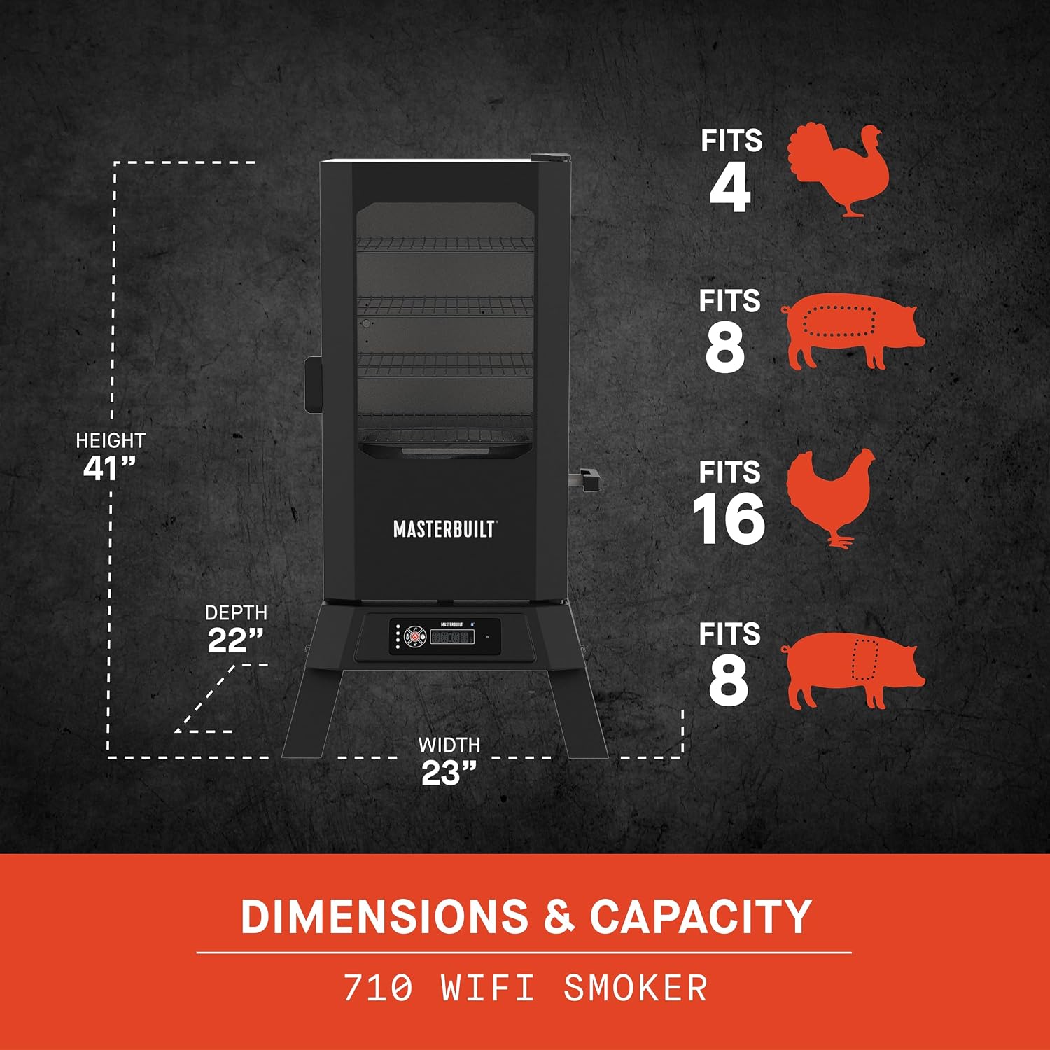 Masterbuilt®710 WiFi Digital Smoker, Vertical Design, 711 Cooking Sq. Inches, 4 Chrome Coated Smoking Racks, Wood Chip Loader, Electric Fuel Source to Plug in and Start Cooking, Black Model MB20070924