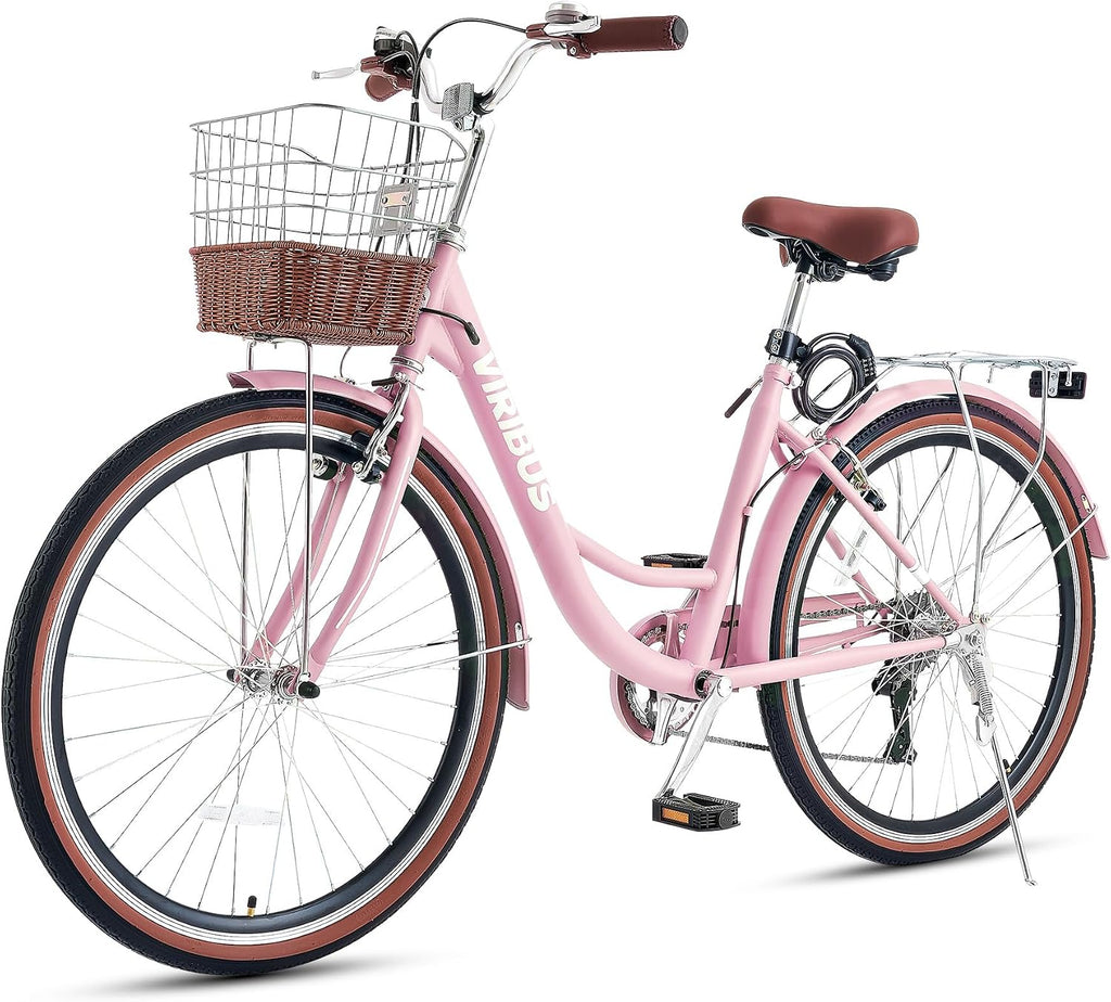 VIRIBUS Womens Cruiser Bike, 7 Speed Beach Cruiser Bike for Women, 26 inch Women Bicycle with Rattan Basket, City Commuter Vintage Retro Step Through Bicycle for Female Ladies Seniors, 330 Lb.