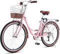VIRIBUS Womens Cruiser Bike, 7 Speed Beach Cruiser Bike for Women, 26 inch Women Bicycle with Rattan Basket, City Commuter Vintage Retro Step Through Bicycle for Female Ladies Seniors, 330 Lb.