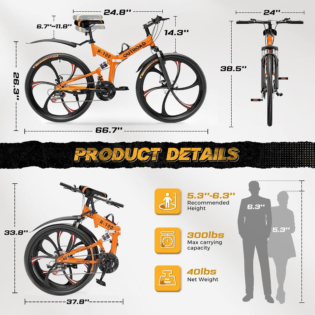 Outroad 26 Inch Folding Mountain Bike, 21 Speed Full Suspension High-Carbon Steel MTB Foldable Bicycle, Dual Disc Brake Non-Slip Folding Bikes for Adults/Men/Women, Black, Orange and Green