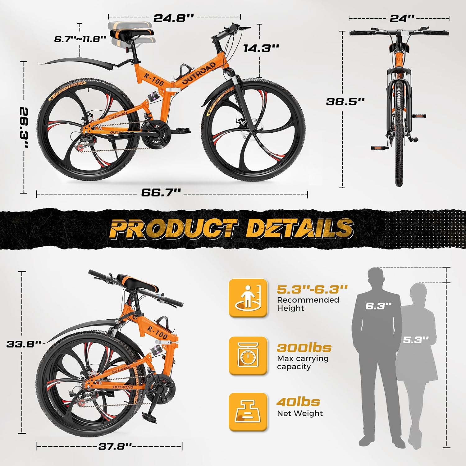 Outroad 26 Inch Folding Mountain Bike, 21 Speed Full Suspension High-Carbon Steel MTB Foldable Bicycle, Dual Disc Brake Non-Slip Folding Bikes for Adults/Men/Women, Black, Orange and Green