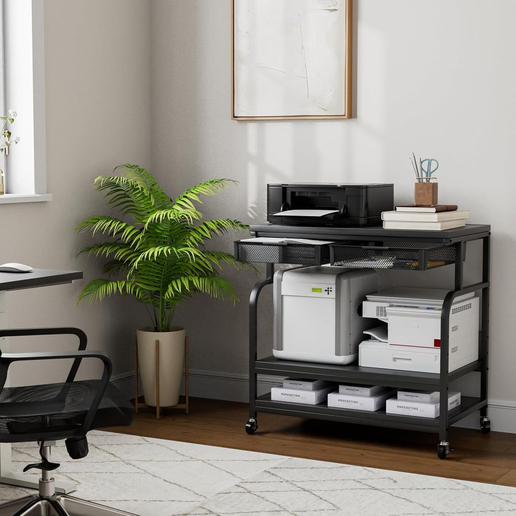 EasyCom 32.3'x18.9' Extra Large Printer Stand with Double Drawers, 5-Adjustable Heights 3 Tier Table with Wheels, Rolling Printer Cart with Storage for Printer Scanner Fax Home Office Use
