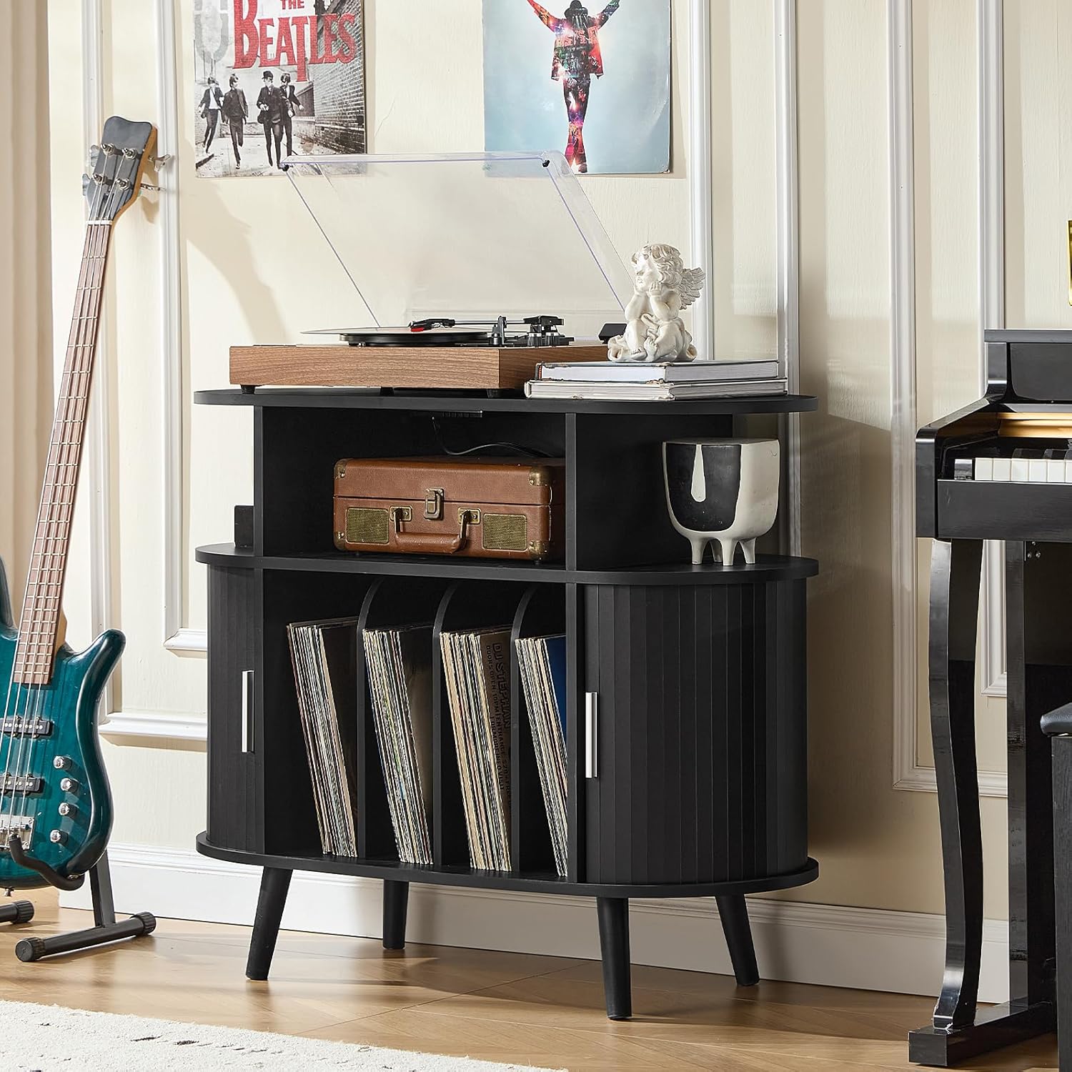 LELELINKY Large Round Record Player Stand with Charging Station & Fluted Display Shelf, Black Mid Century Modern Turntable Cabinet with Vinyl Storage, Arched Wood Record Player Table for Living Room