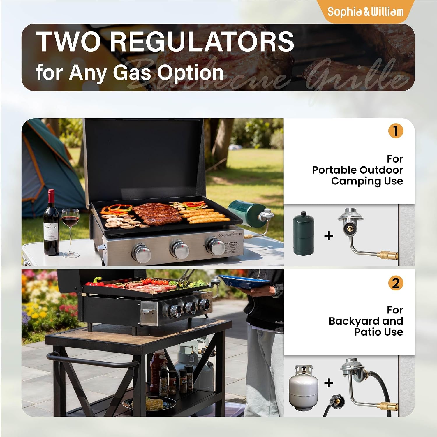 Sophia & William 22' Flat Top Grill with Lid & Ceramic Coated Cast Iron Pan, 3-Burner Portable Tabletop Gas Propane Griddle for Outdoor, BBQ, Camping & Tailgating Barbecue, 24,000 BTU